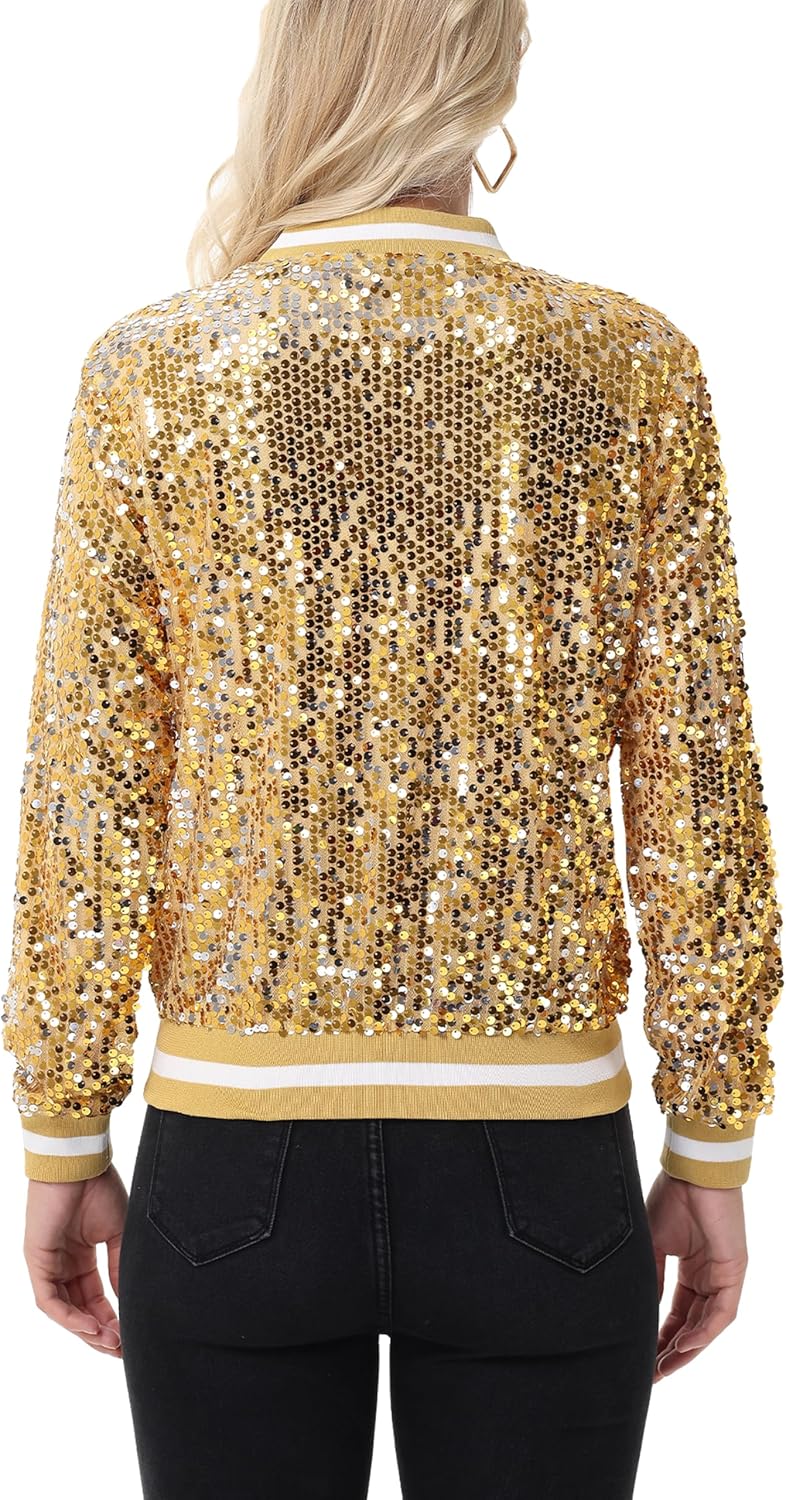 Anna-Kaci Women's Sparkly Sequin Jacket Long Sleeve Zipper Glitter Bomber Jacket Coat with Ribbed Stripe Cuff - Image 4
