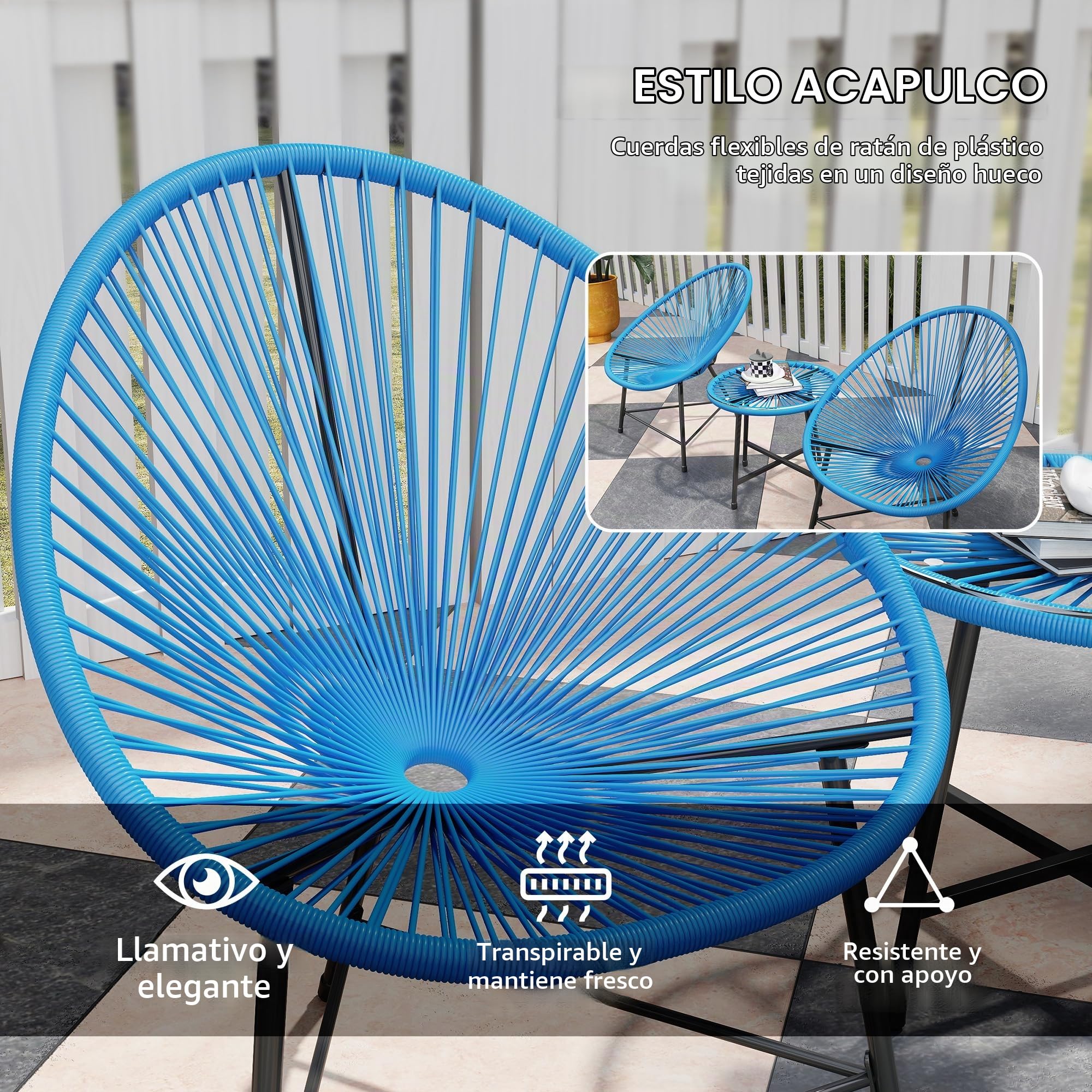 Outsunny Set de Exterior Jardín Mimbre 2 plazas Azul | Mesa de exterior con 2 sillas, sobre de vidrio templado, muebles de jardín para balcón terraza patio