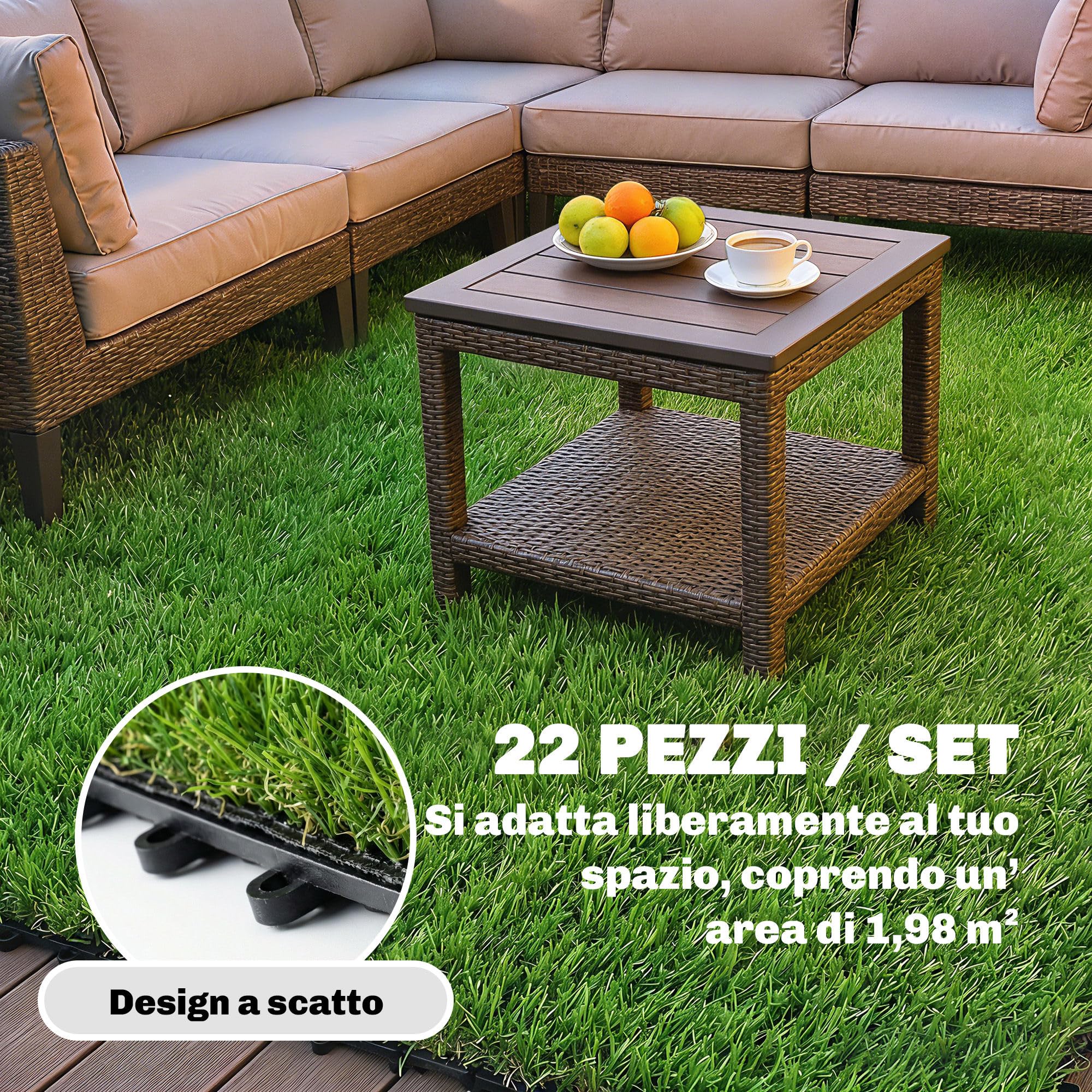 Outsunny 22 Pezzi Erba Sintetica per Esterno, Tappetino 30x30 cm con Altezza Pelo 25 mm, Drenante, per Giardino, Balcone, Patio, Verde