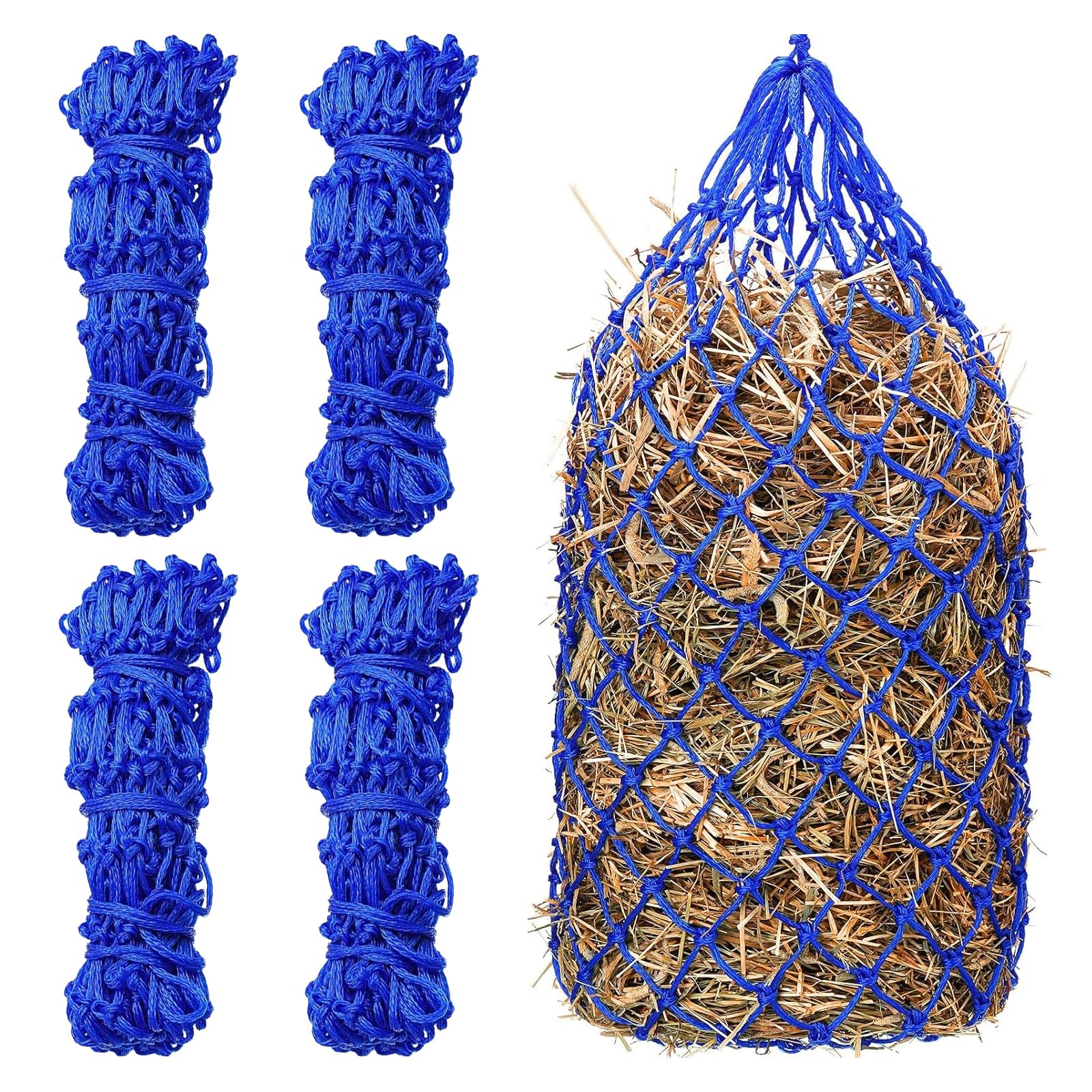 JDRGJTH 4 Pcs Slow Feed Hay Net 40 Inch Hay Nets for Horses Hanging Hay Feeder for Goats 2x2 in Round Mesh Holes Horse Hay Bag Horse Feeding Supplies for Trailer and Stall,Simulates Grazing (Blue)