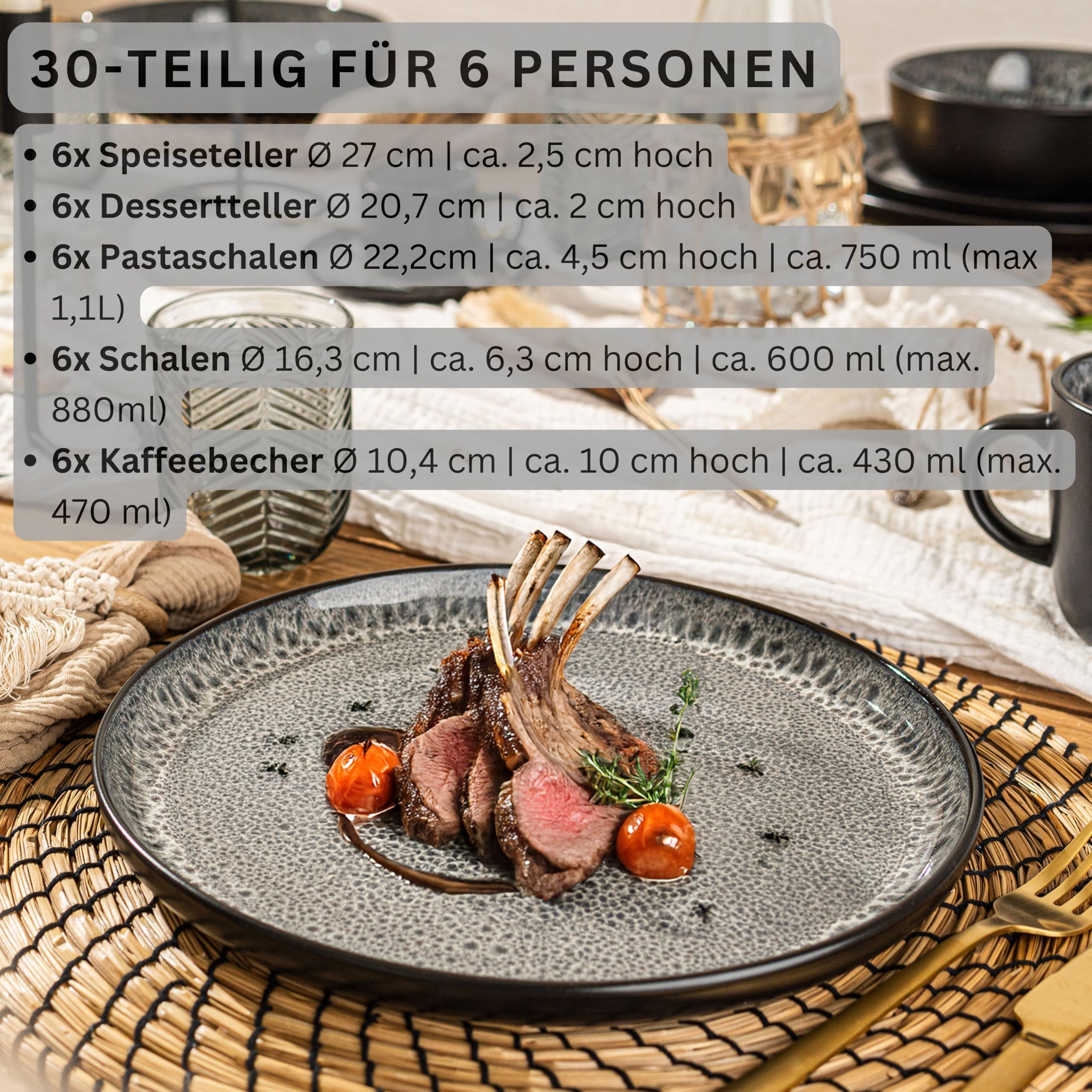 SÄNGER Sydney | Kombiservice 6 Personen, Teller Set Kaffeebecher Pastaschale 30 tlg, Steingut Geschirr Set spülmaschinen- mikrowellen- kratzfest, Geschirrset aus Steingut dunkel grau| VALUE COLLECTION