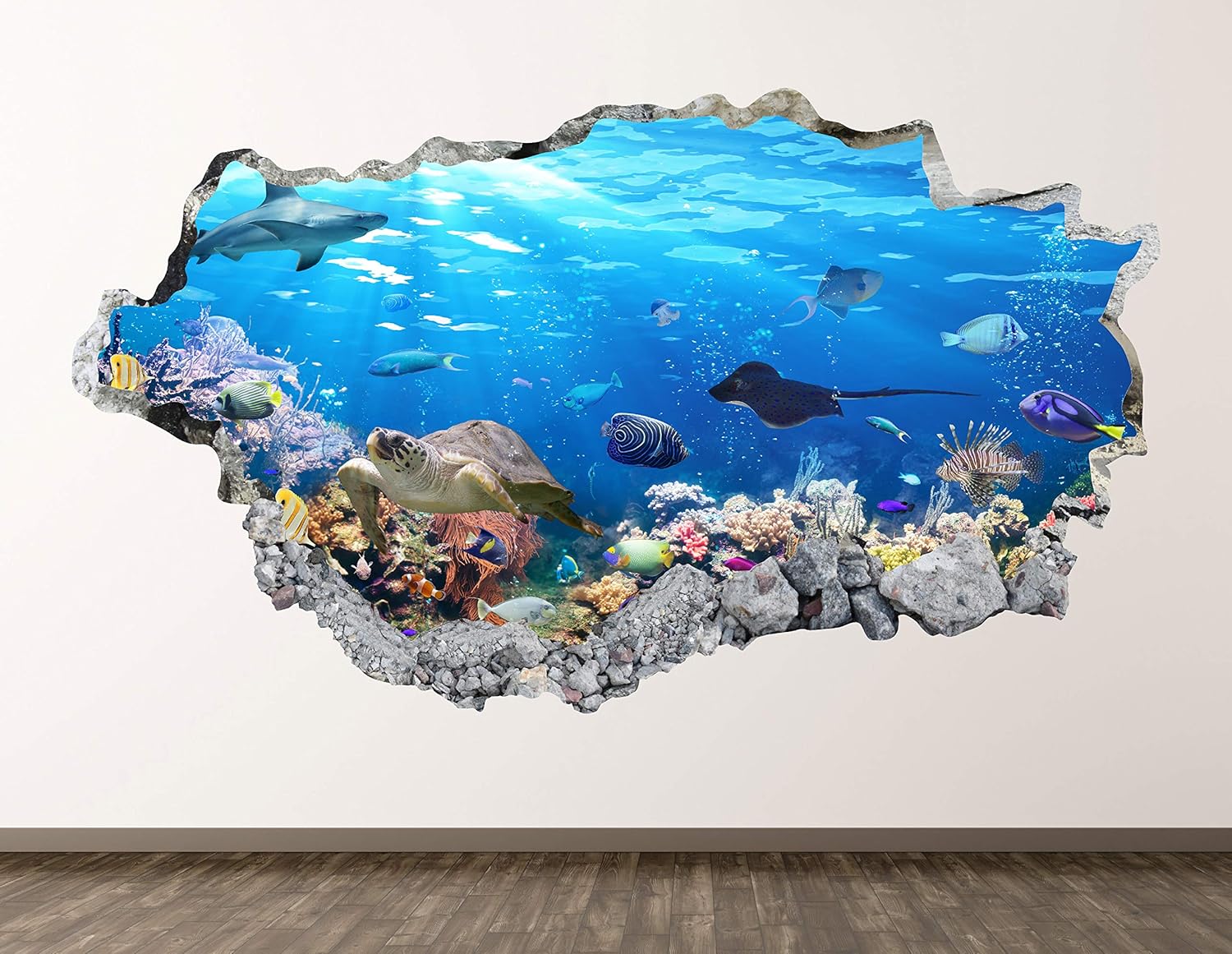 Aquarium Wall Decal Art Decor 3D Smashed Deep Sea Sticker Poster Kids Room Mural Personalized Gift BL1037 (50"w x 30"H)