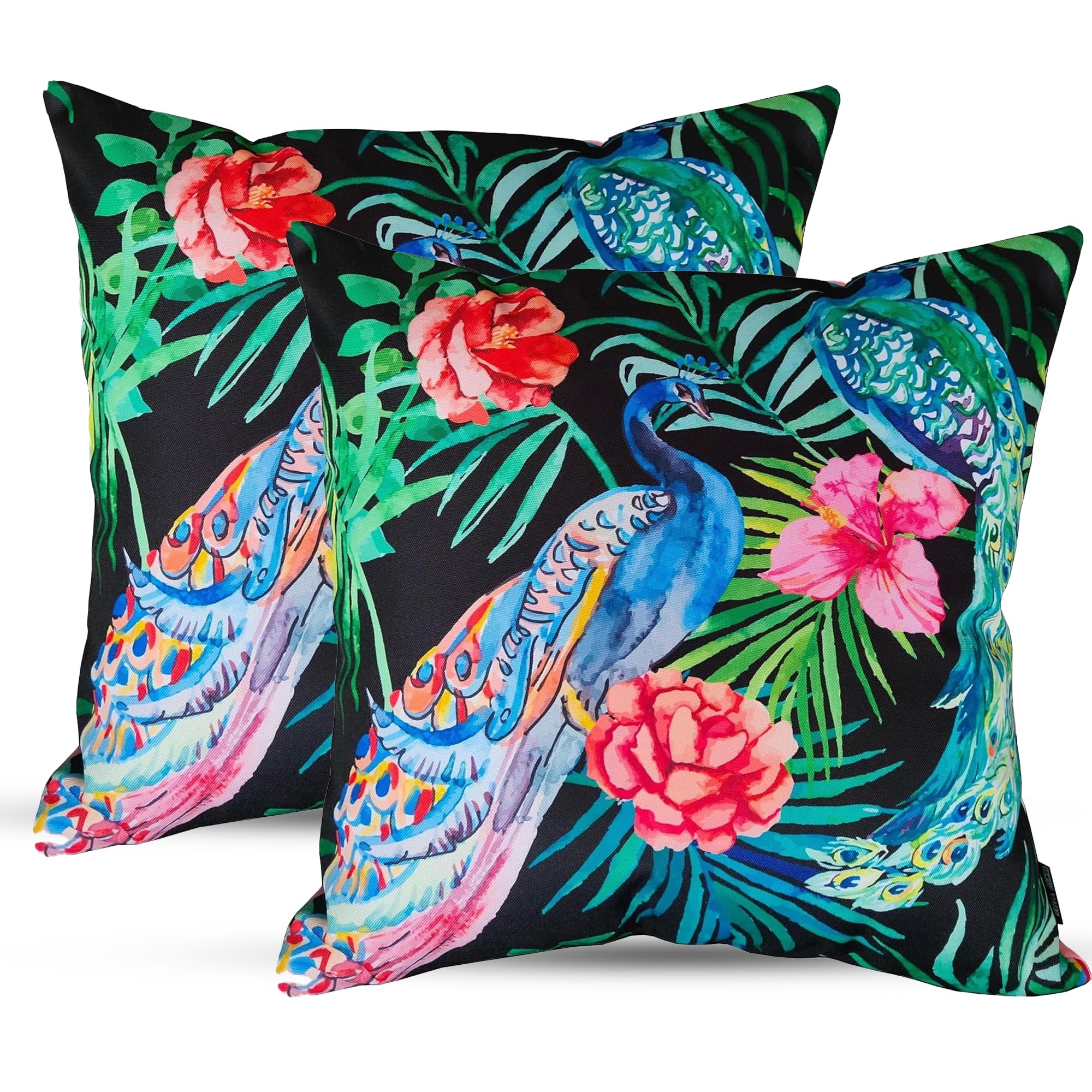 Poshliving Peacock 2 Pack Outdoor Cushions Waterproof Filled 45X45cm With Invisible Zippered Outdoor Garden Cushions Waterproof 18"X18" With Cushion Covers & Pillow For Living Room Garden Sofa (Peacock)
