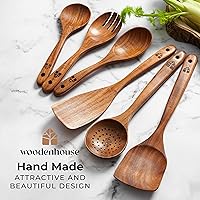 Vista 6 de Cucharas de madera para cocinar, juego de utensilios de cocina de madera, 6 piezas de madera de teca, utensilios de cocina de madera antiadherentes