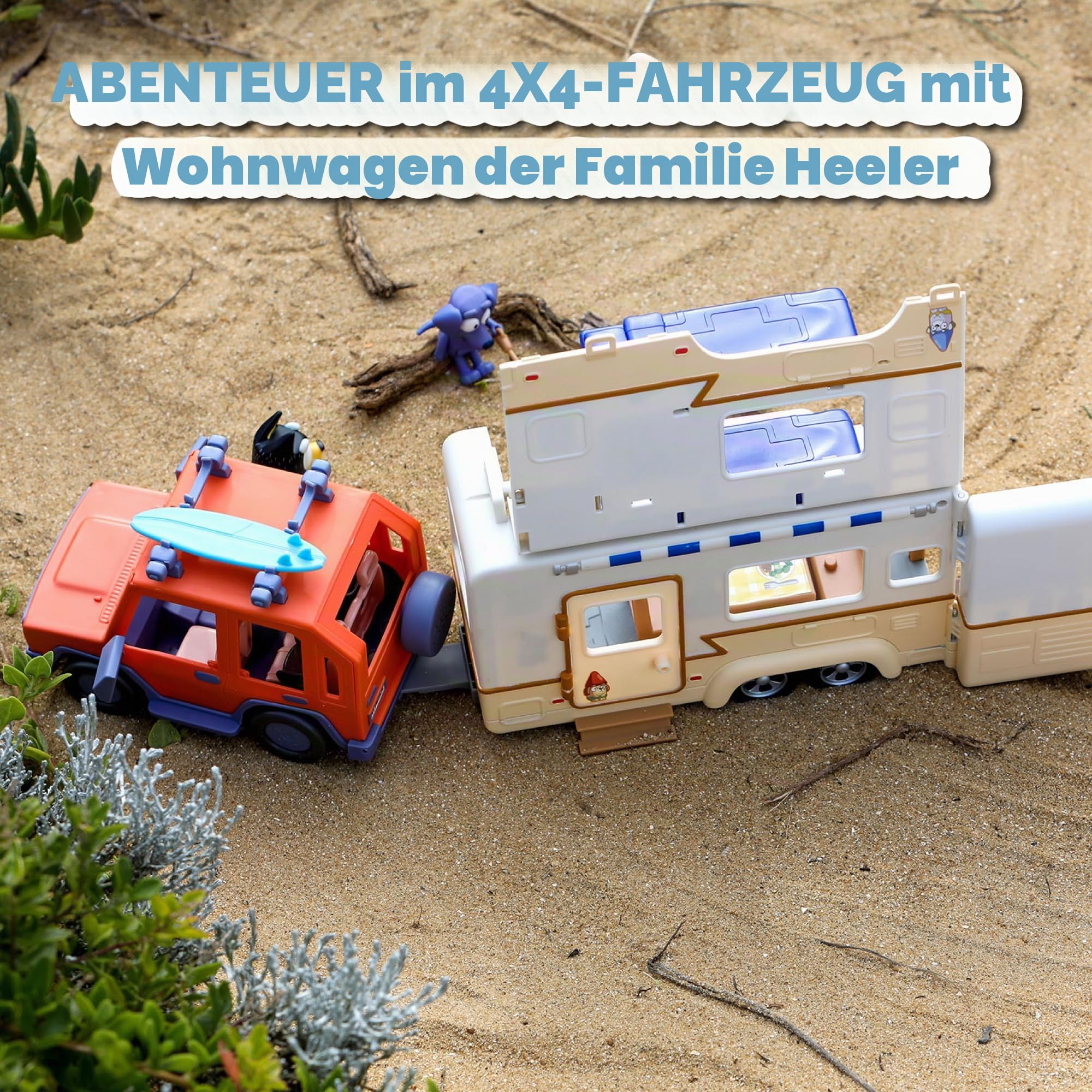 Bluey - Set Family Cruiser + Campervan, Playset für Familienautos, mit 3 Figuren, 10 Accessoires und dekorativen Aufklebern, 3 Jahre berühmt (BLY53000)