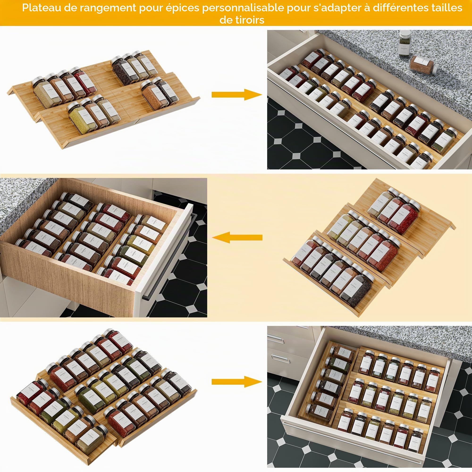 Lot de 4 organiseurs de tiroir à épices en bambou – 33 x 11,9 x 4,1 cm – Insert de tiroir pour pots à épices – Organiseur d'assaisonnement pour tiroirs/comptoir (bocaux non inclus)