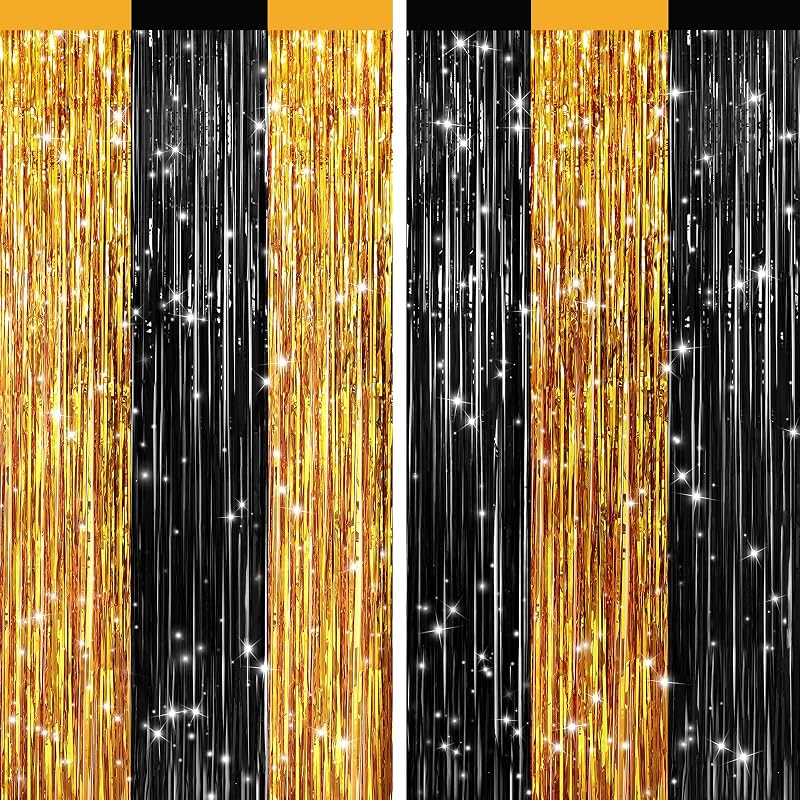 Paquete de 2 cortinas con flecos de lámina de oro negro, serpentinas de oropel metálico | Fondo de fotomatón para cumpleaños, graduación, baby shower, boda, aniversario, decoración navideña de despedida de soltera, serpentinas de puerta