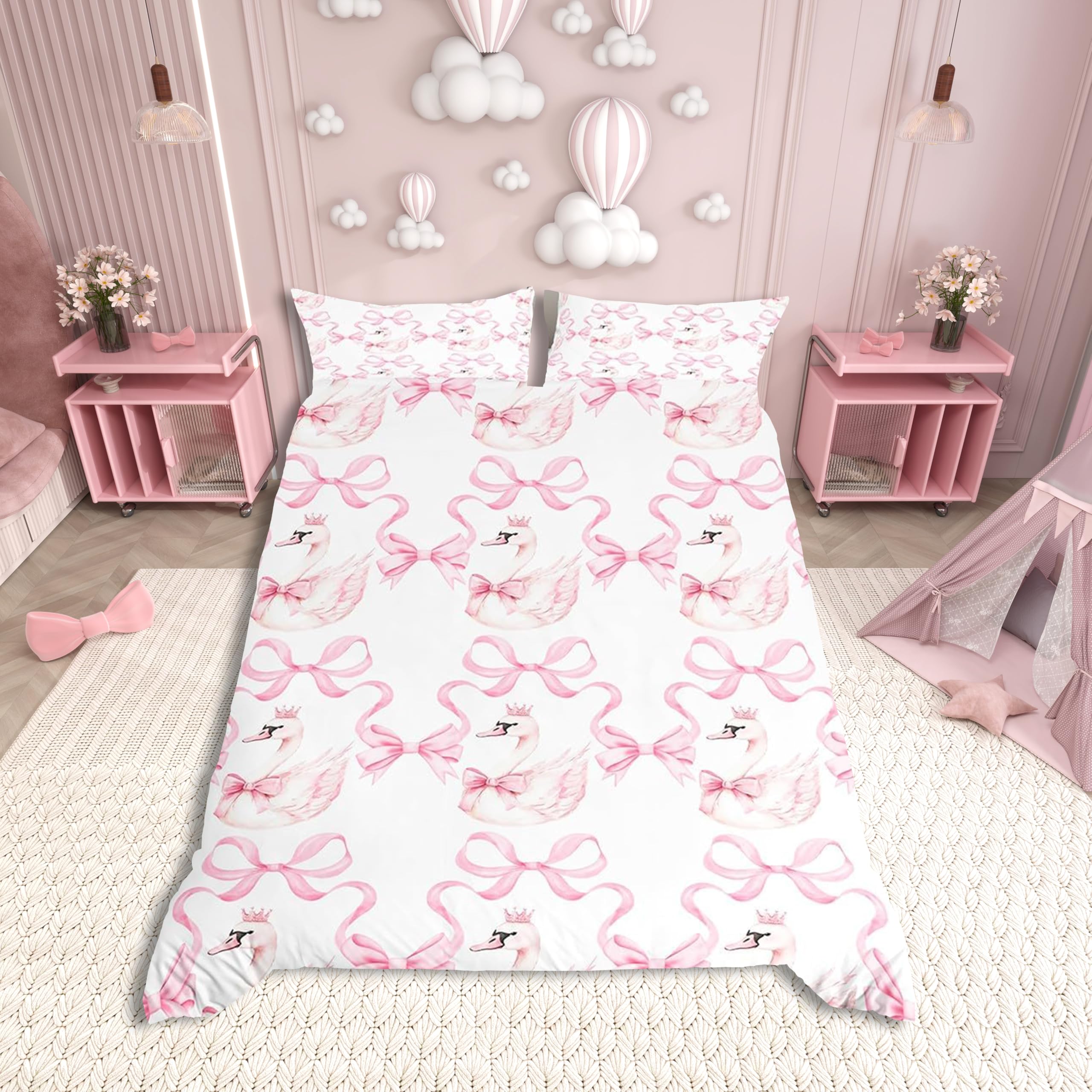 feelingyou White Swan Kids Duvet Cover Set single Size,Princess Crown Pink Bowknot Dreamy Bedding Set,Girls Room Decor,Watercolor Bow-tie Ribbon Stripes Quilt Cover,Pink White,No Comforter