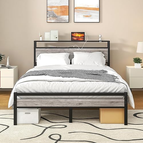 Miniatura 12 de HOJINLINERO Base de cama de tamaño matrimonial con cabecera de almacenamiento/estación de carga USB, marco de cama de plataforma de metal, tamaño