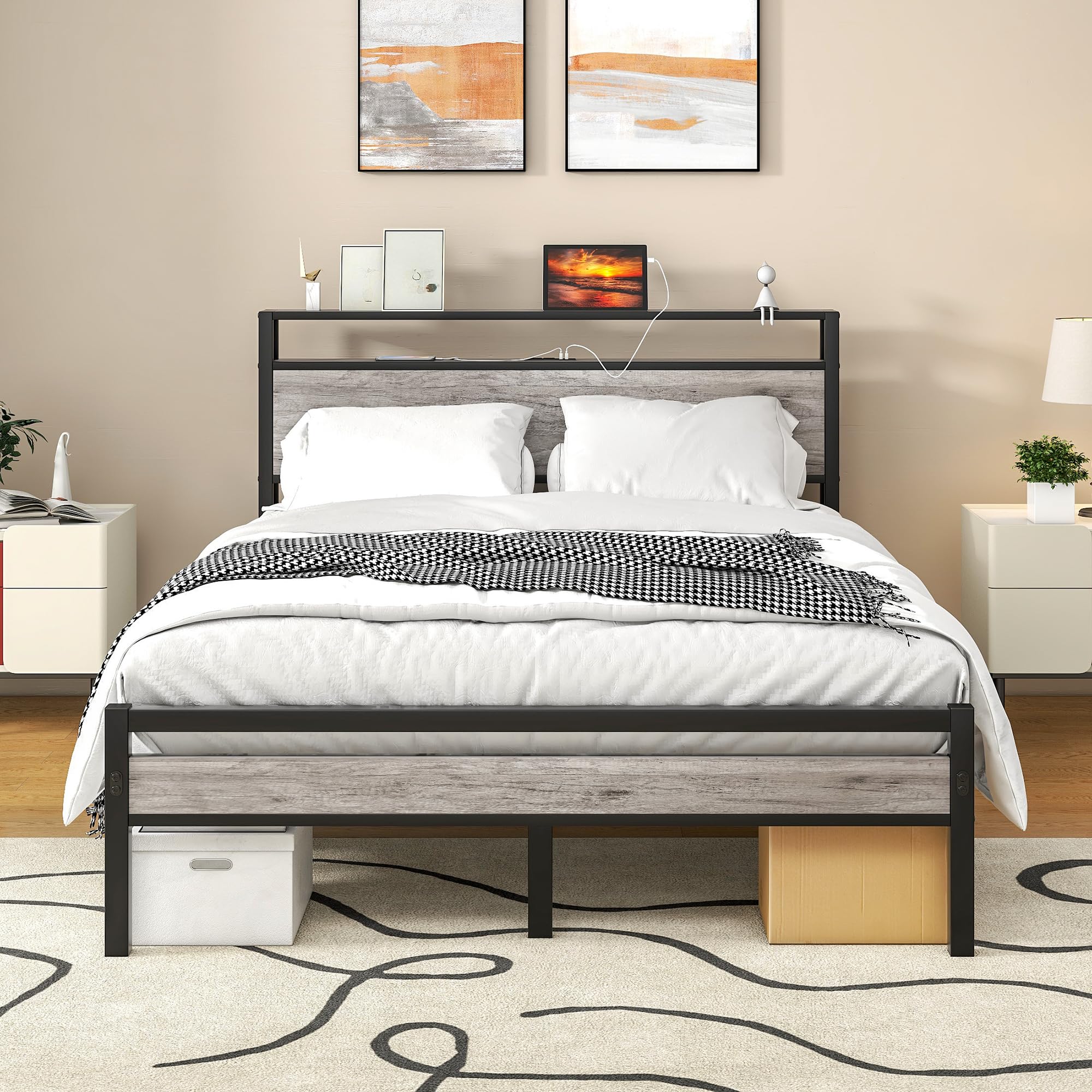 Full Size Bed Frame with Storage Headboard/USB Charging Station,Metal Platform Bed Frame Full Size No Box Spring Needed,Noise-Free,Strong Steel Slats Support,Warm Grey