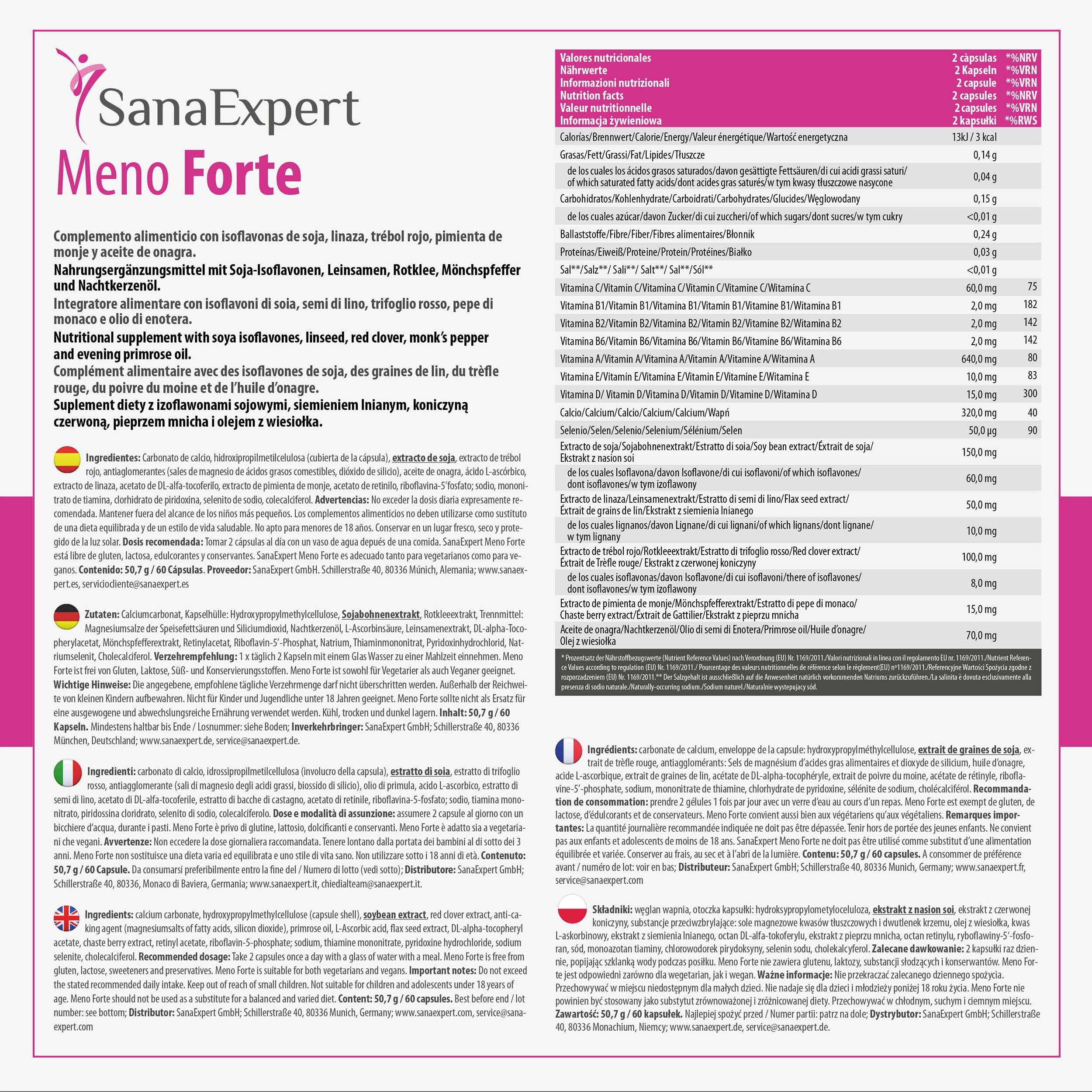SanaExpert Meno Forte - Integratore Naturale per Alleviare i Sintomi della Menopausa - Con Isoflavoni di Soia, Calcio, Selenio e Vitamine - 60 Capsule - Prodotto in Germania