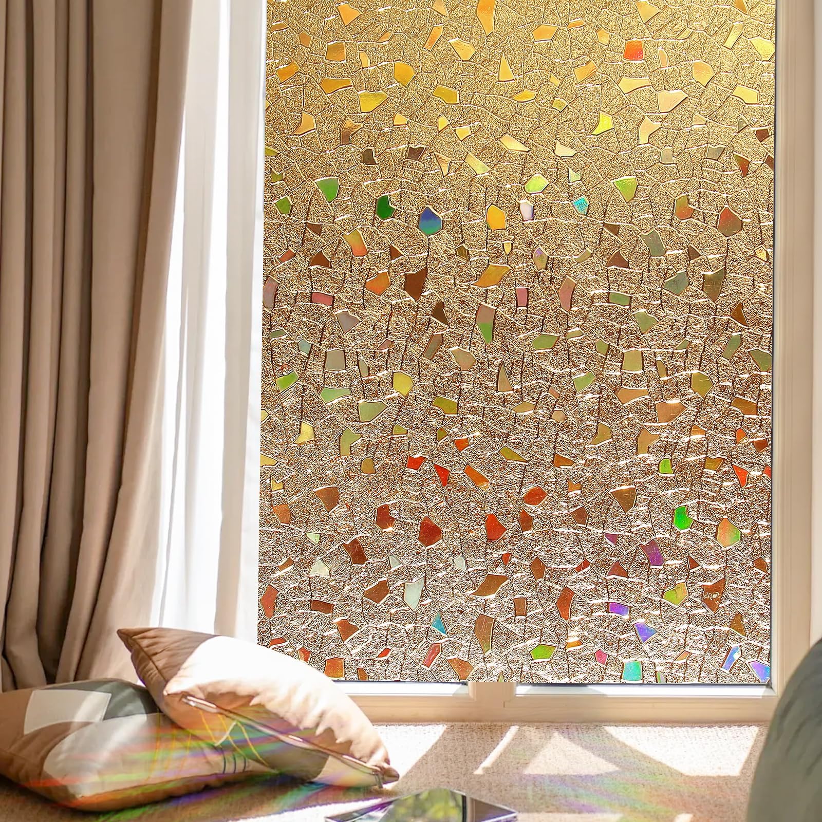 Coavas Stained Glass Window Privacy Film 3D Rainbow Decorative Heat Control UV Blocking Non-Adhesive Removable Vinyl Film Window Tint for Bathroom Door Covering, Brown, 17.5 x 78.7 inch