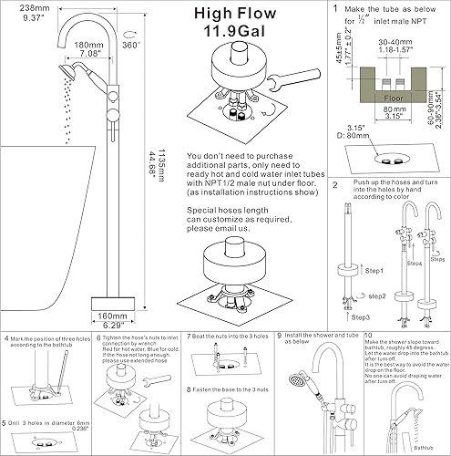 Miniatura 9 de Grifo de bañera independiente Llenador de bañera Negro Alto caudal 11.9GAL Llenadores de grifos montados en el piso con montaje de ducha de mano LLGG
