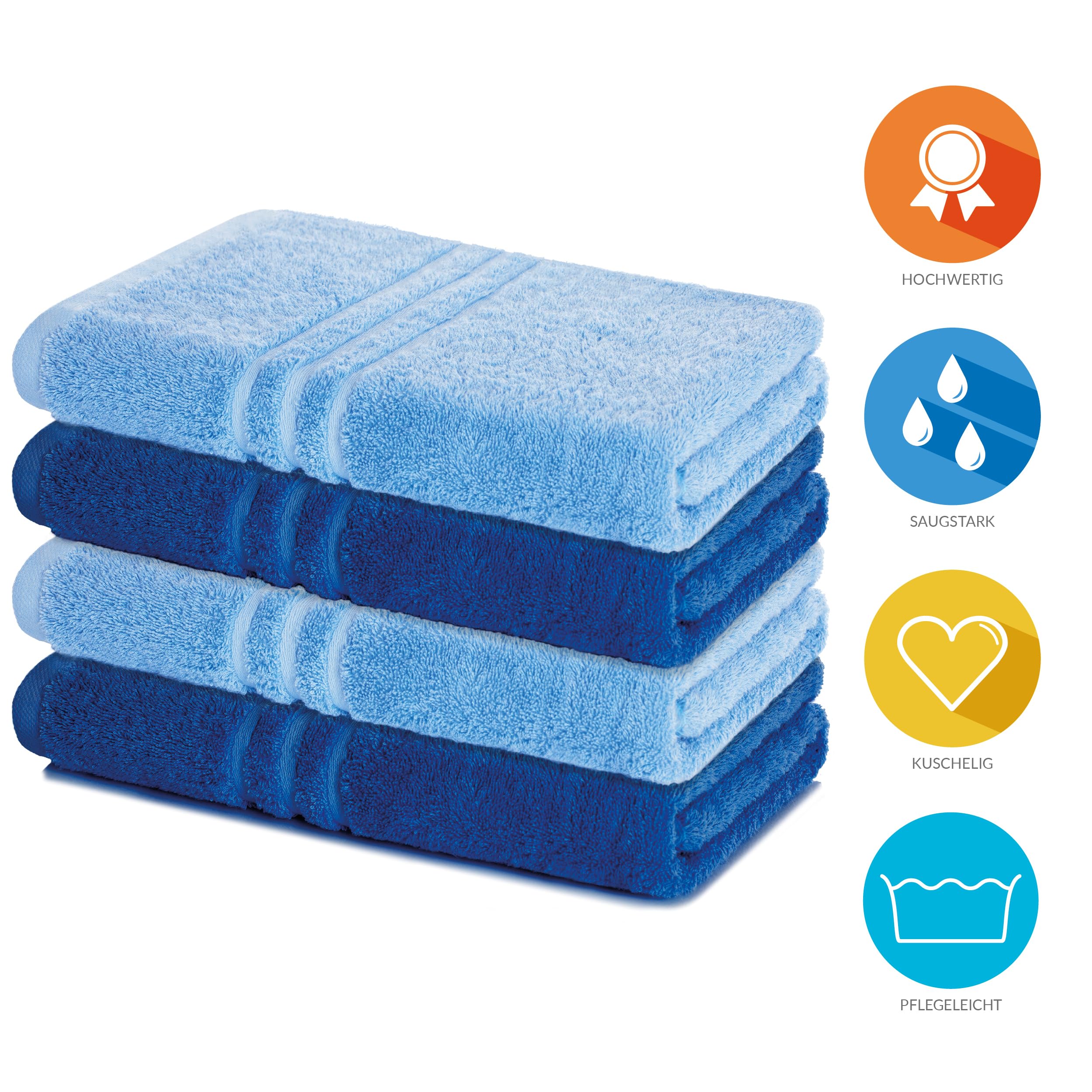 Lavea® 4er Set Duschtuch 70x140, 4 Stück, 100% Baumwolle Frottee, saugstark, weich und strapazierfähig, waschbar 60°C, trocknergeeignet, Handtuch, Handtücher, Duschtücher, Delphinblau & Royalblau