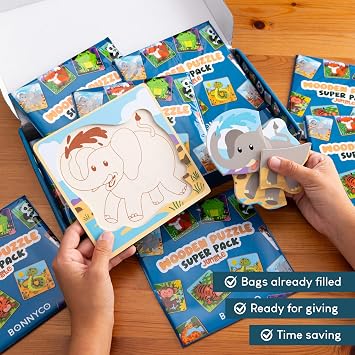 BONNYCO 4 Pieces Wooden Puzzles Pack 16 Party Favors for Kids 1 to 5. Birthday Goodie Bags Stuffers, Valentines Gifts for Toddlers Ideas, School Classroom Prizes and Baby Bulk Toys