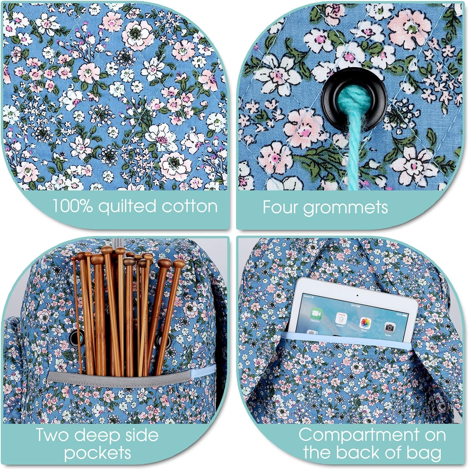 Yarn Storage Organizer Knitting Bag Backpack - Large Size with Grommets, Portable Crochet & Knitting Accessories Bag (Flower-Blue)