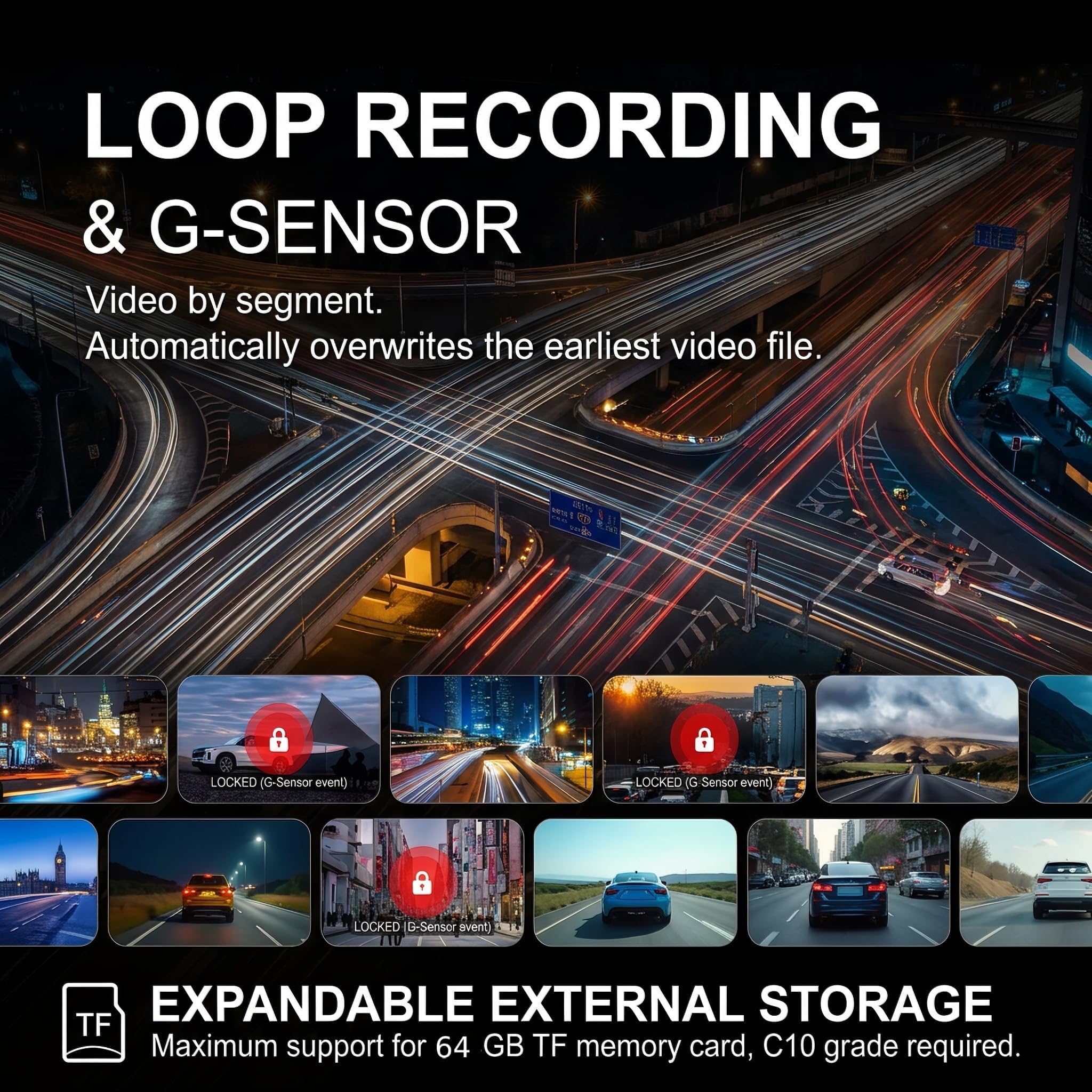 Dashcam per auto, anteriore e posteriore, 4K 2160P + 1080P, WiFi, con