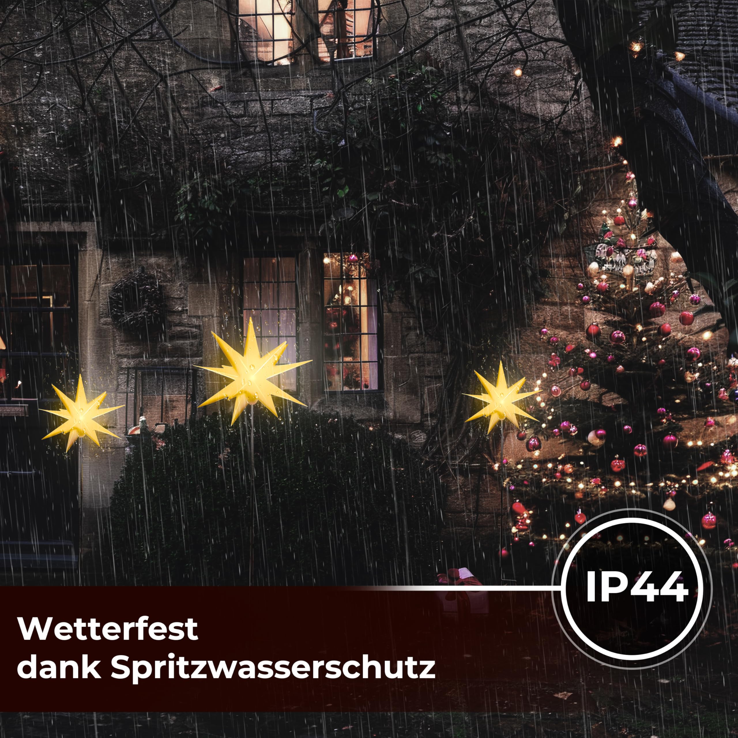 Leuchtstern 3D mit LED Beleuchtung | 3er Set mit Erdspieß | gelb | Ø 27 cm | 3D Stern mit 15 Spitzen | wetterfest | Garten Deko, Weihnachtsdeko | Weihnachtsstern | mit Timer | batteriebetrieben
