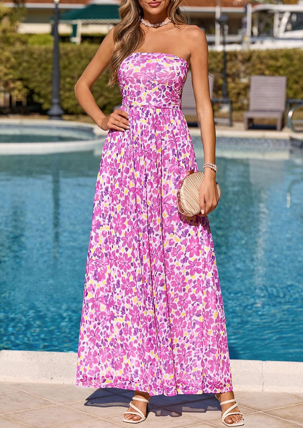 PRETTYGARDEN Women Strapless Maxi Dress 2026 Summer Floral Tube Top Ruched Beach Spring Wedding Guest Long Dresses