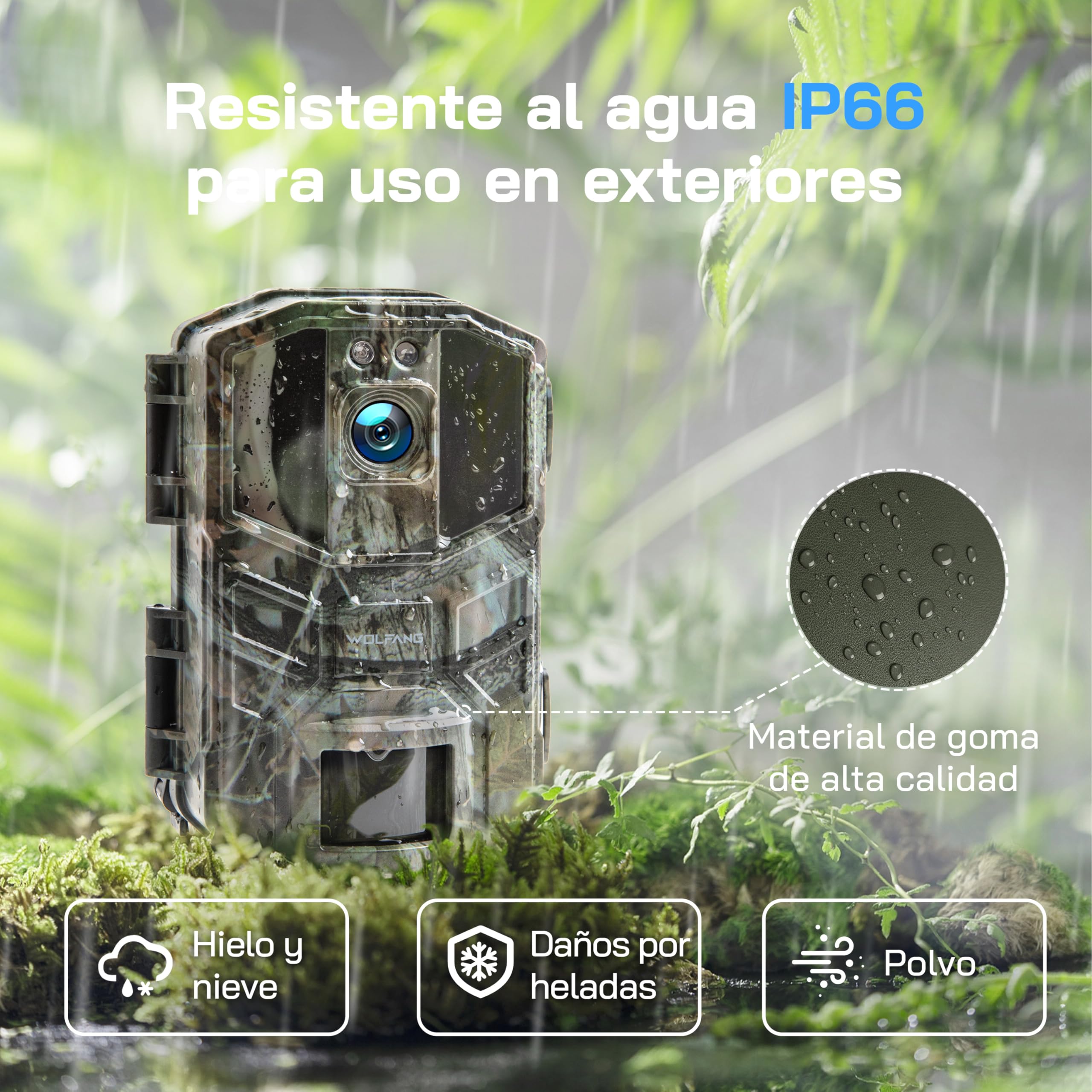 WOLFANG Cámara de Caza WiFi 4K 64MP, Camara Fototrampeo con 0.1s Velocidad de Disparo, Visión Nocturna, Diseño de Temporizadorn, IP66 para Vida Silvestre y Monitoreo de Seguridad
