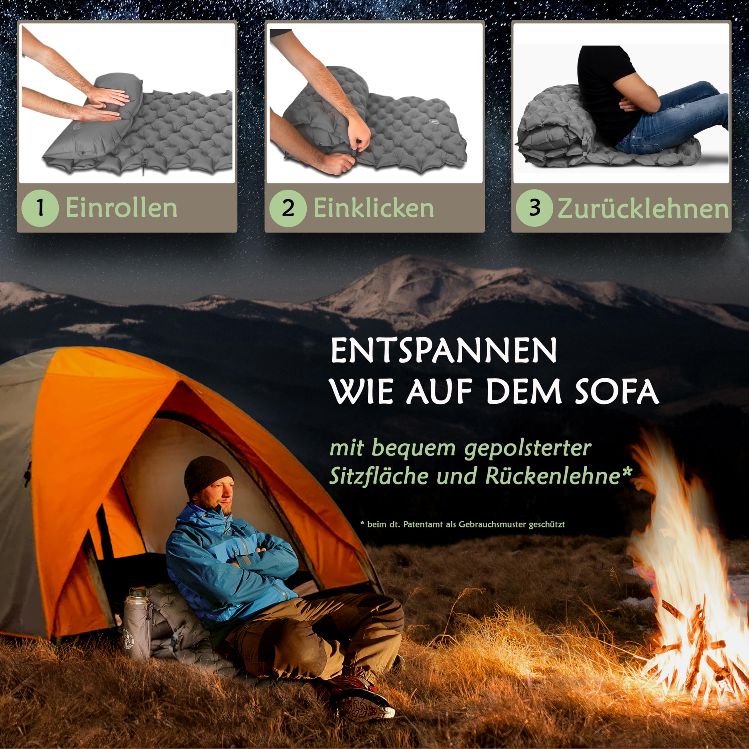 2-in-1 Isomatte für Outdoor und Camping + Ultraleicht und Kleines Packmaß + Bequem Schlafen und Sitzen + Einstellbares Kopfkissen