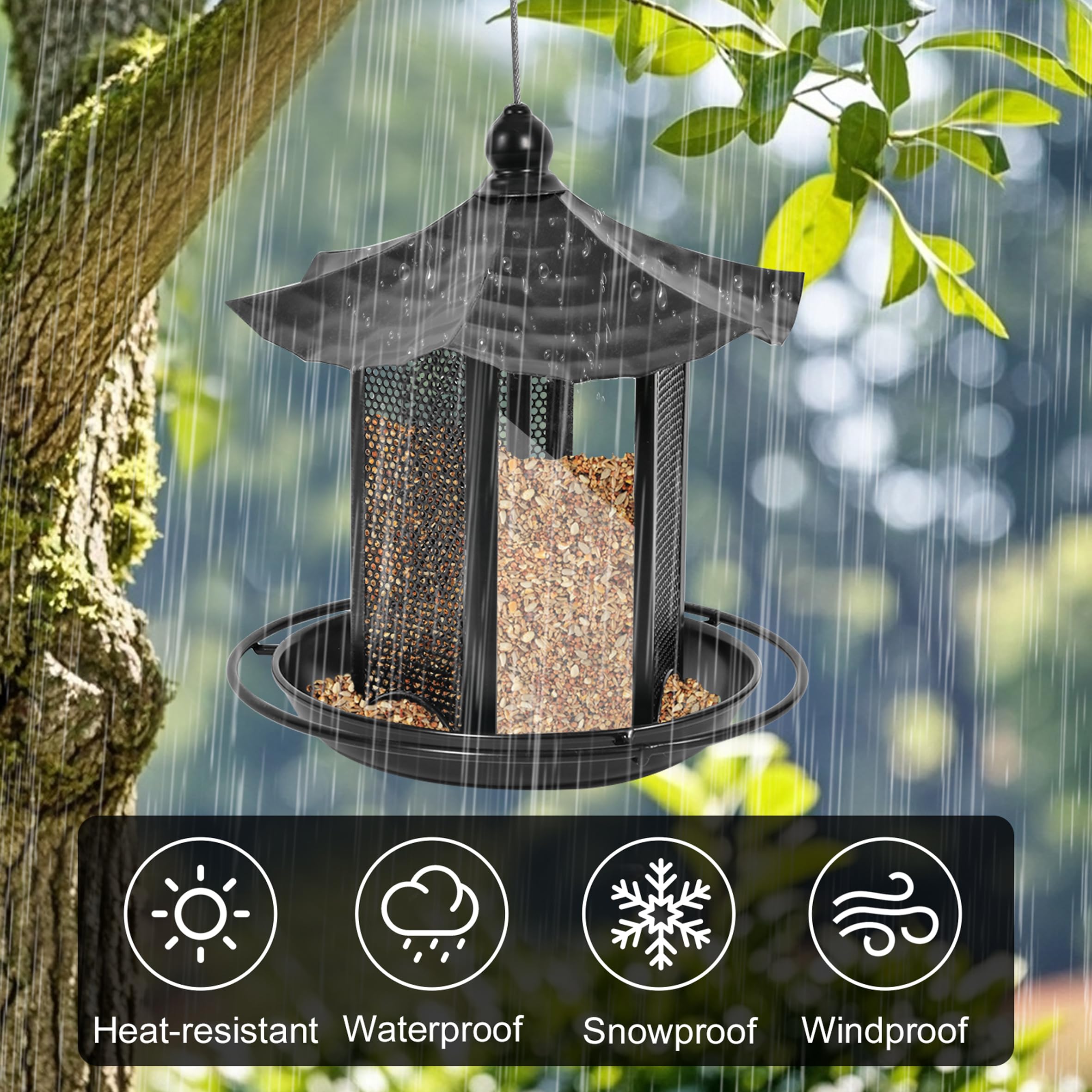 CVHOMEDECO. Mangiatoia per uccelli per esterni, da appendere, in metallo, per uccelli selvatici, decorazione esterna da giardino, cortile, a forma esagonale con tetto, nero