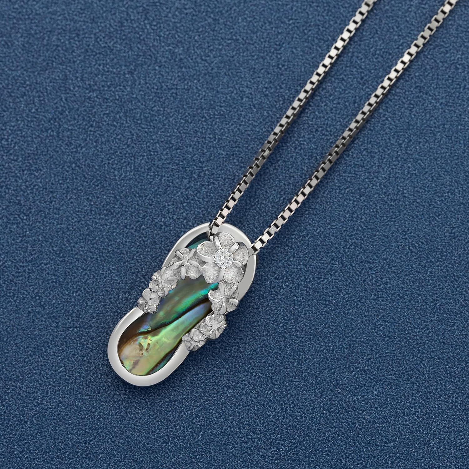925 Sterling Silver Hawaiian Flip Flop Slipper Sandal Necklace Pendant with 18" Box Chain, Genuine Koa Wood Blue Opal Abalone Shell Cubic Zirconia, Nickle Free Hypoallergenic for Sensitive Skin, Gift Box Included