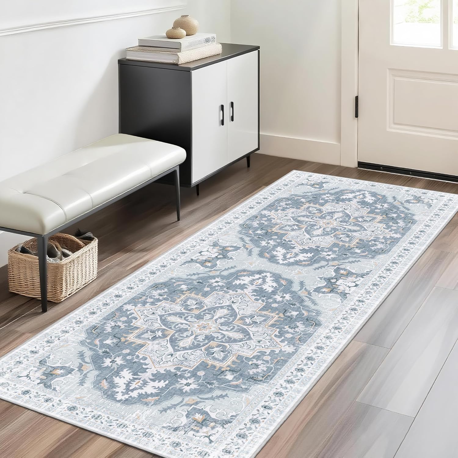 2x6 Runner Rug, Soft Non-Slip Vintage Medallion Rug, Low-Pile Printed Indoor Runners for Entryway, Hallways, Kitchen, Laundry Room, Bedside -Blue/Gray