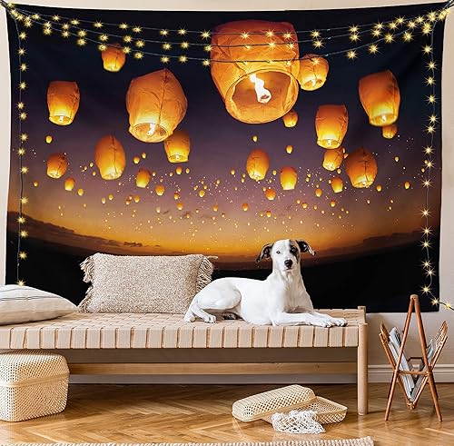 Ambesonne Tapiz de cielo nocturno, globos de ceremonia de deseos de suerte, linternas voladoras chinas, imagen de paisaje, colgante de pared ancho