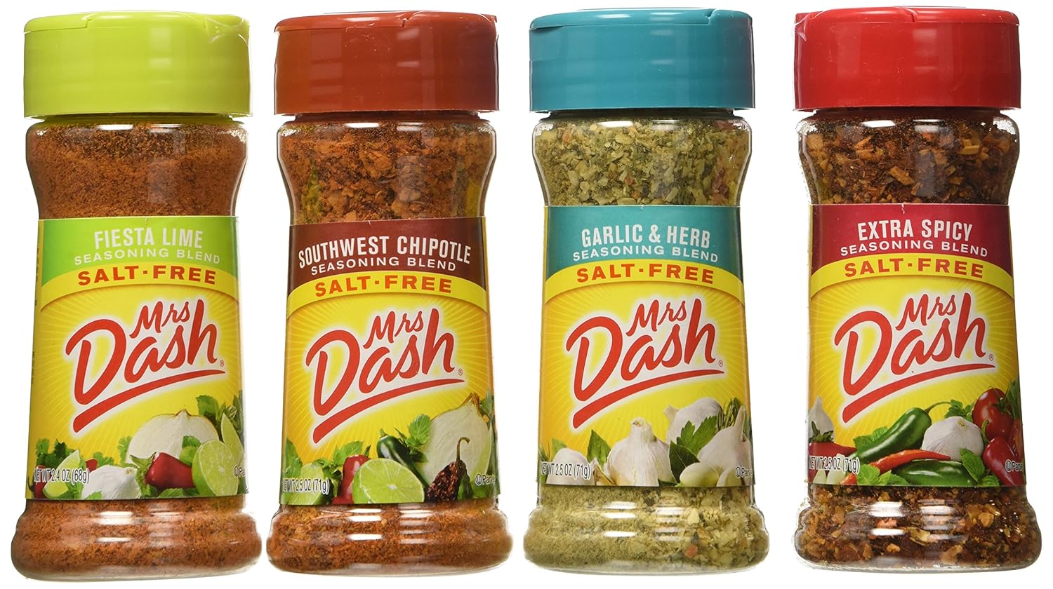 Mrs. Dash Extra Spicy(2.5oz), Southwest Chipotle(2.5oz), Garlic & Herb (2.5oz) and Fiesta Lime (2.4oz) Salt-Free Seasoning (Bundle)