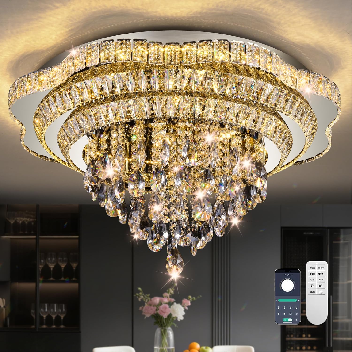 30" Sliver Crystal LED Ceiling Light Fixture with Remote Control,Large Flush Mount Chandelier with 3-Color Dimmable for Living Room Bedroom Dining Room