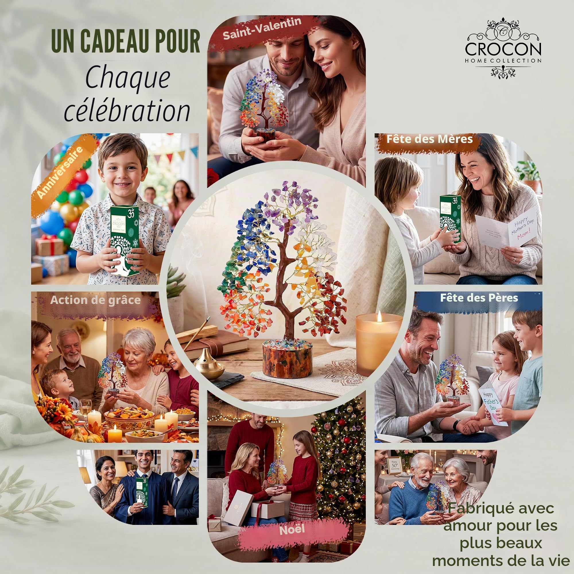 Crocon L'original Bonsaï d'arbre de guérison en Pierres précieuses Naturelles Sept Chakras pour Cristal Reiki, équilibre de guérison, Bonne Chance, décoration de méditation spirituelle, Cadeau