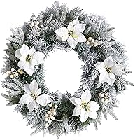 Vista 3 de Nearly Natural Corona de Navidad artificial de pino y pascua flocada de 24 pulgadas con 50 luces LED blancas cálidas