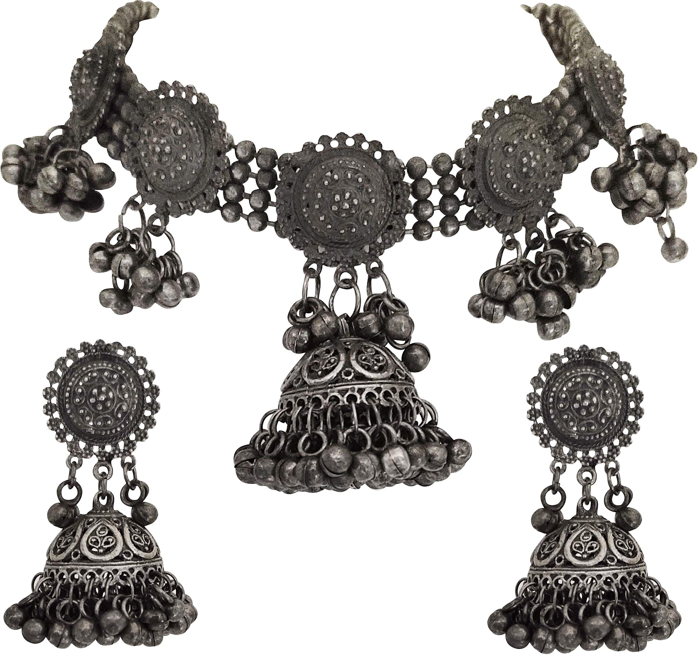 Total Fashion Latest Boho Trible Black Metal Oxidised Choker Necklace Jewellery Set Women for Girls