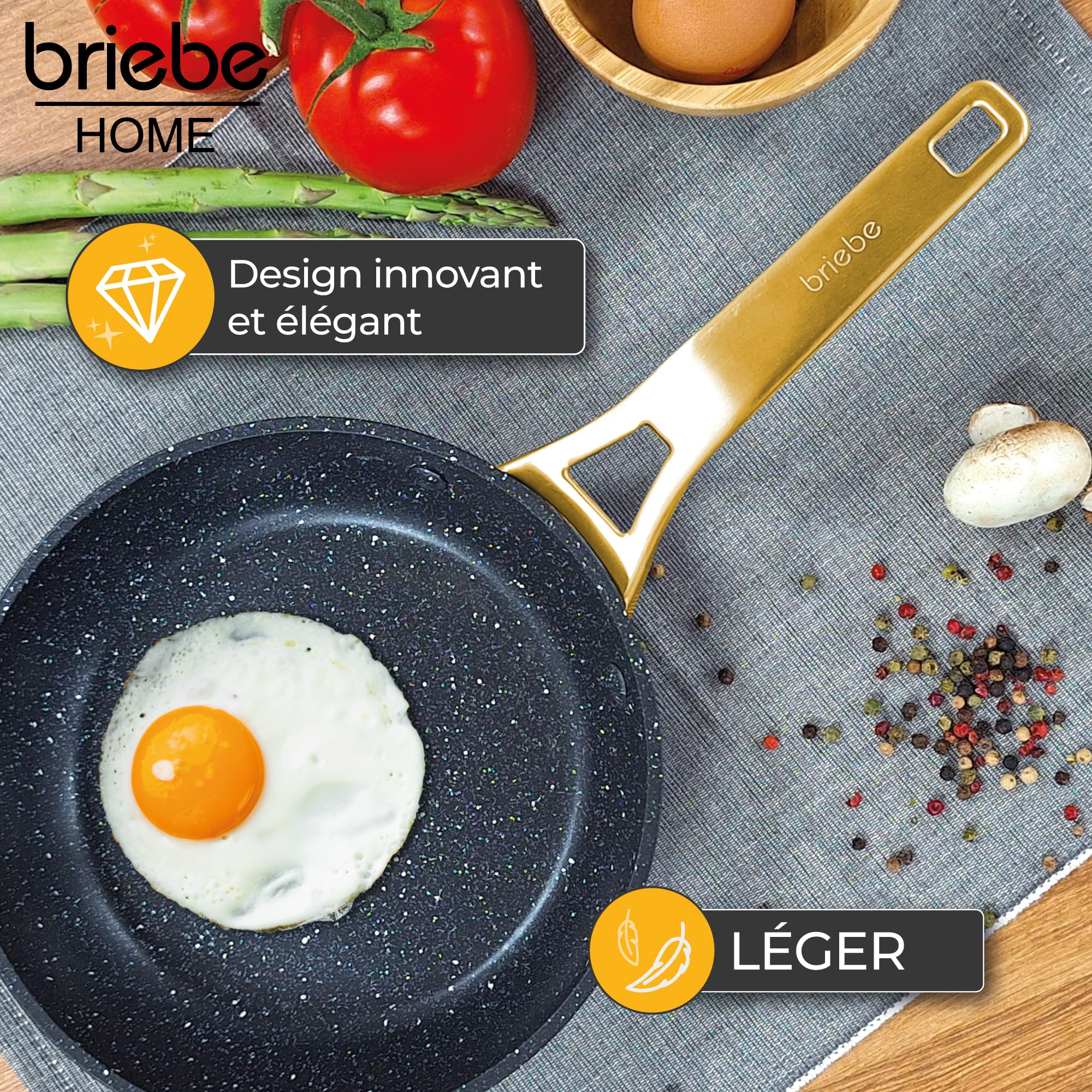 briebe Gold Titanium Set de 3 Poêles Induction, Antiadhésives Titane 18-20-24cm, Aluminium Forgé, Revêtement sans PFOA, Manche Professionnel Acier Inox, Vitrocéramique, Gaz, 3 Protecteurs
