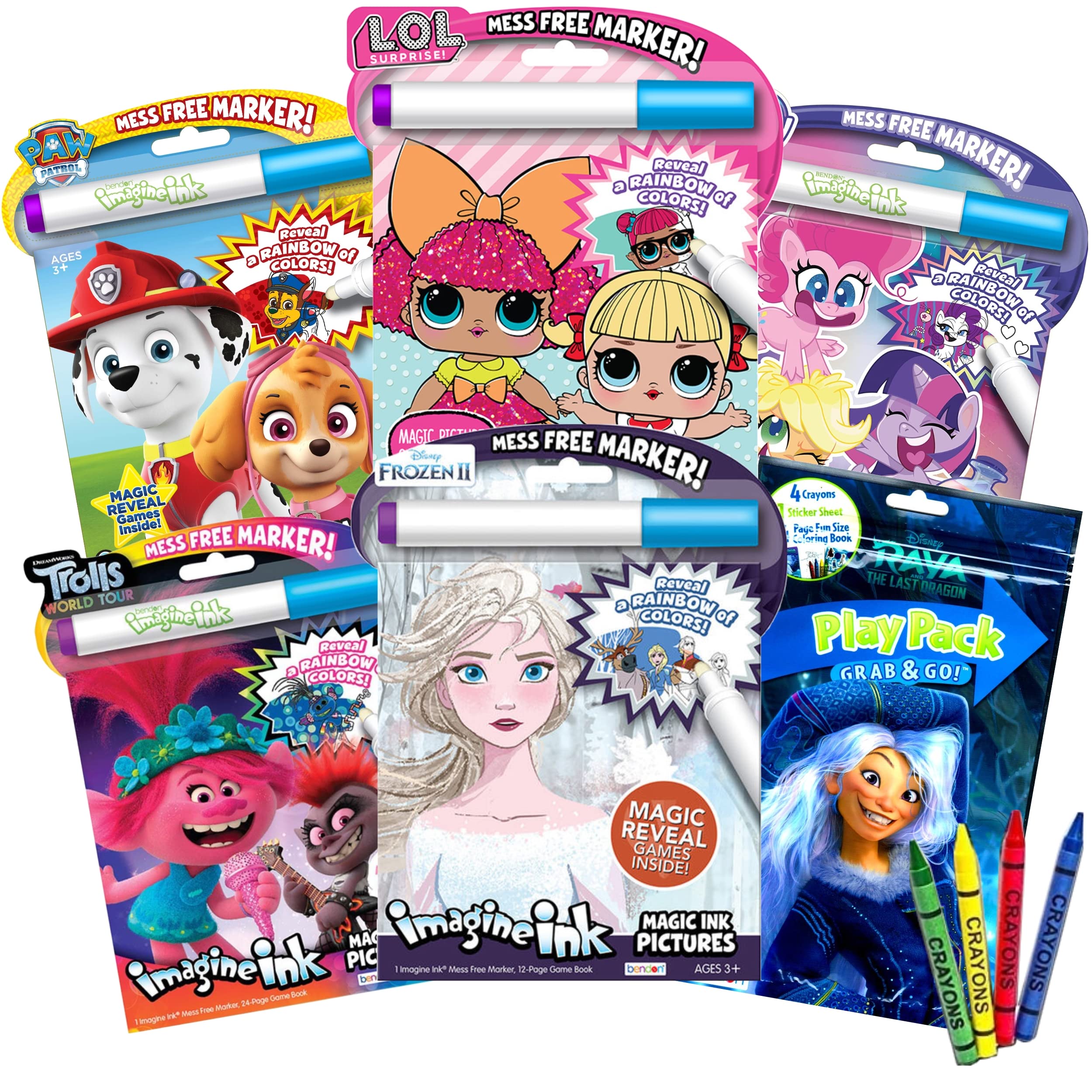 Assorted Set of Imagine Ink Magic Coloring Books For Girls Mess Free Invisible With Play Pack Sticker Bonus Play Fun Favors Stickers Bulk 6 PACK