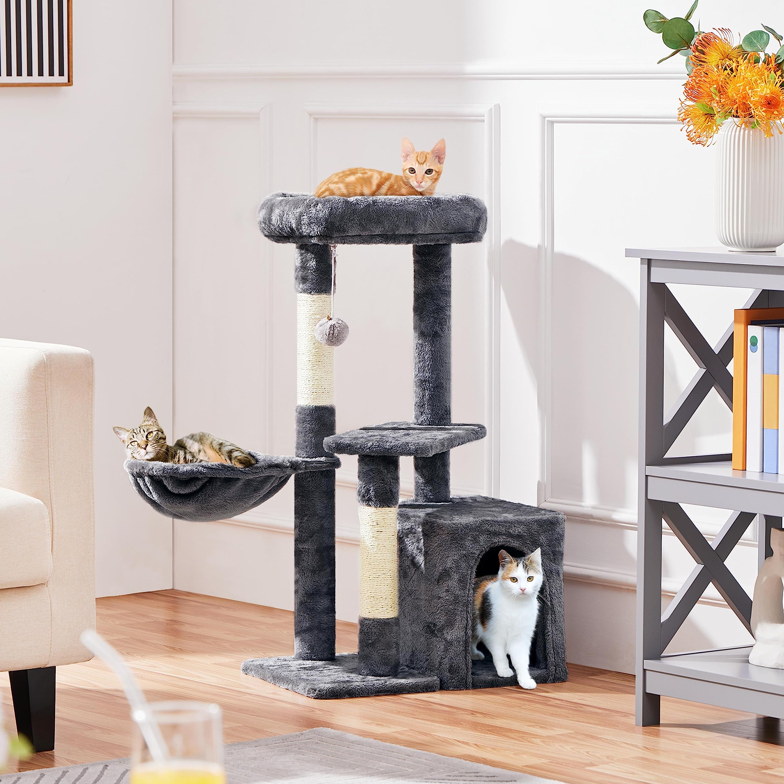 Yaheetech Petit Arbre à Chat Multiniveau Tour pour Chat avec Poteaux Griffoir Cordes Sisal Cachette Panier Niche Plateforme Boule Suspendue Arbre à Grimper 87 cm de Haut Gris Foncé