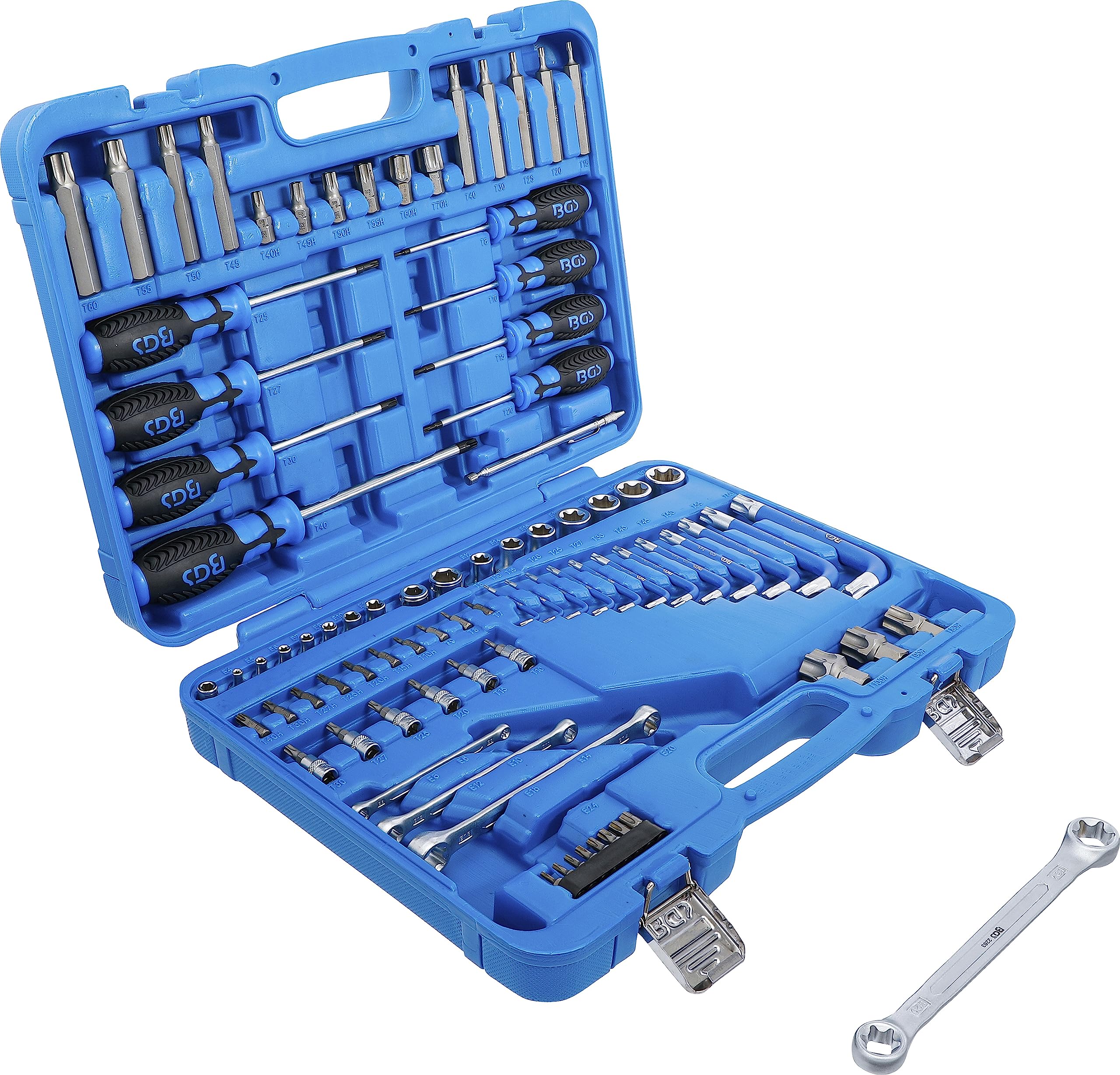 BGS 7849 | Juego de herramientas | 6,3 mm (1/4") + 12,5 mm (1/2") | E-Torx / perfil en T (para Torx) | 84 piezas | 6,3 mm (1/4") + 12,5 mm (1/2") | Acero al cromo vanadio | Puntas, llaves angulares, insertos de llave de vaso, adaptador