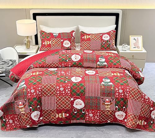 Juego de edredón de Navidad, tamaño King, juego de colcha de retazos de Papá Noel rojo, juego de ropa de cama acolchado a cuadros, ligero,