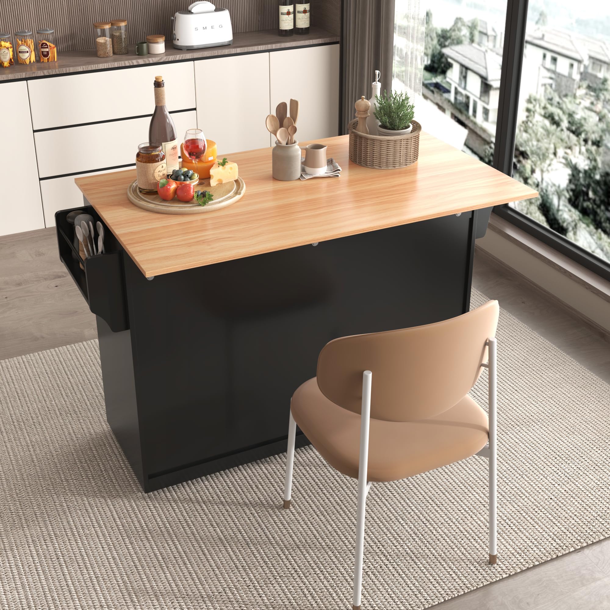 Kücheninsel mit Klappbarer Tischplatte 120x46(70)x91 cm Rollen Holzbeinen Freistehend Schwarz