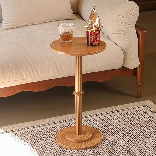 Miniatura 2 de MaxSmeo Mesa de bebidas, mesa auxiliar pequeña para espacios pequeños, mesa auxiliar redonda moderna con patas de madera acanalada, color marrón