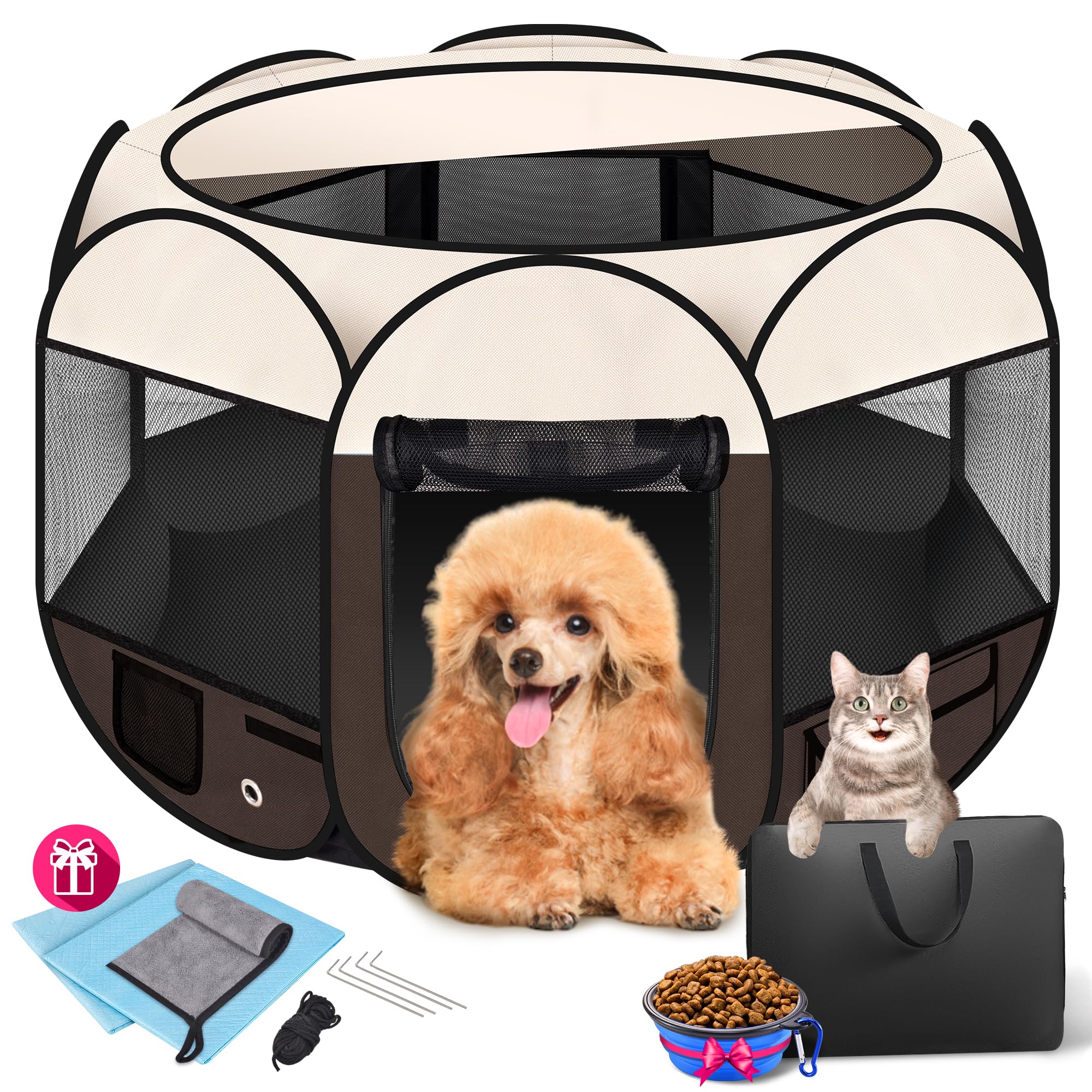 dog playpen 36", homagico pet playpen for indoor cats enclosed, portable dog cage outdoor tent crate with carrying case,water-resistant and removable shade cover,brown