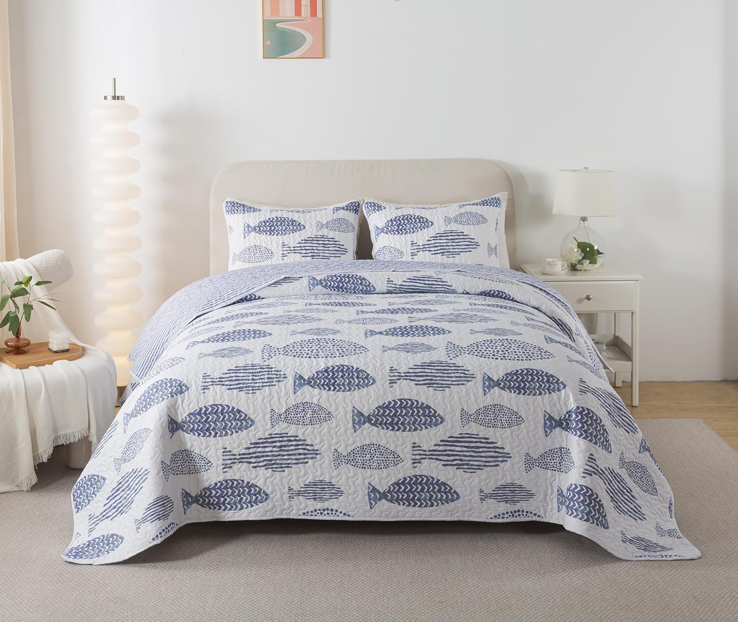 SLPR Sea of Dreams 2-Piece Quilt Set – Twin Size with 1 Sham, Blue and White Ocean-Inspired Bedding Set, Nautical Fish Design, Lake Themed Coastal Quilted Bedspread for Modern Maritime Decor