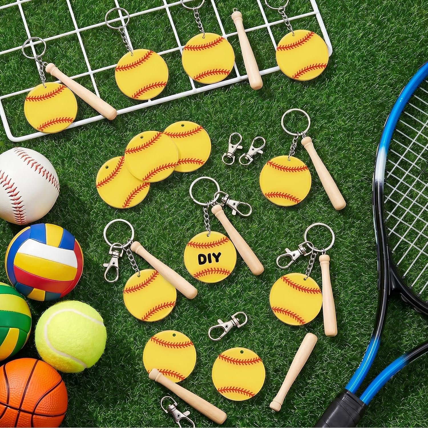 12 Pcs Baseball Acrylic Keychain Bulk with Mini Wooden Handle DIY Keychains Ball Bag Tag for Baseball Team Sports
