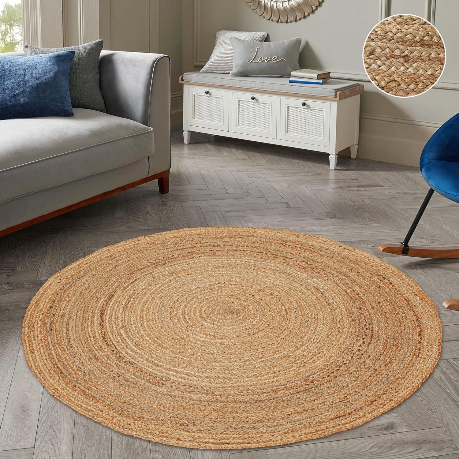 Hand Woven Jute Area Rug - 4' Round - Rustic Beige Reversible Farmhouse Rugs for Living Room, Bedroom, Kitchen - Vintage Natural Braided Entry Floor Décor Circle Boho Round Rug 4ft