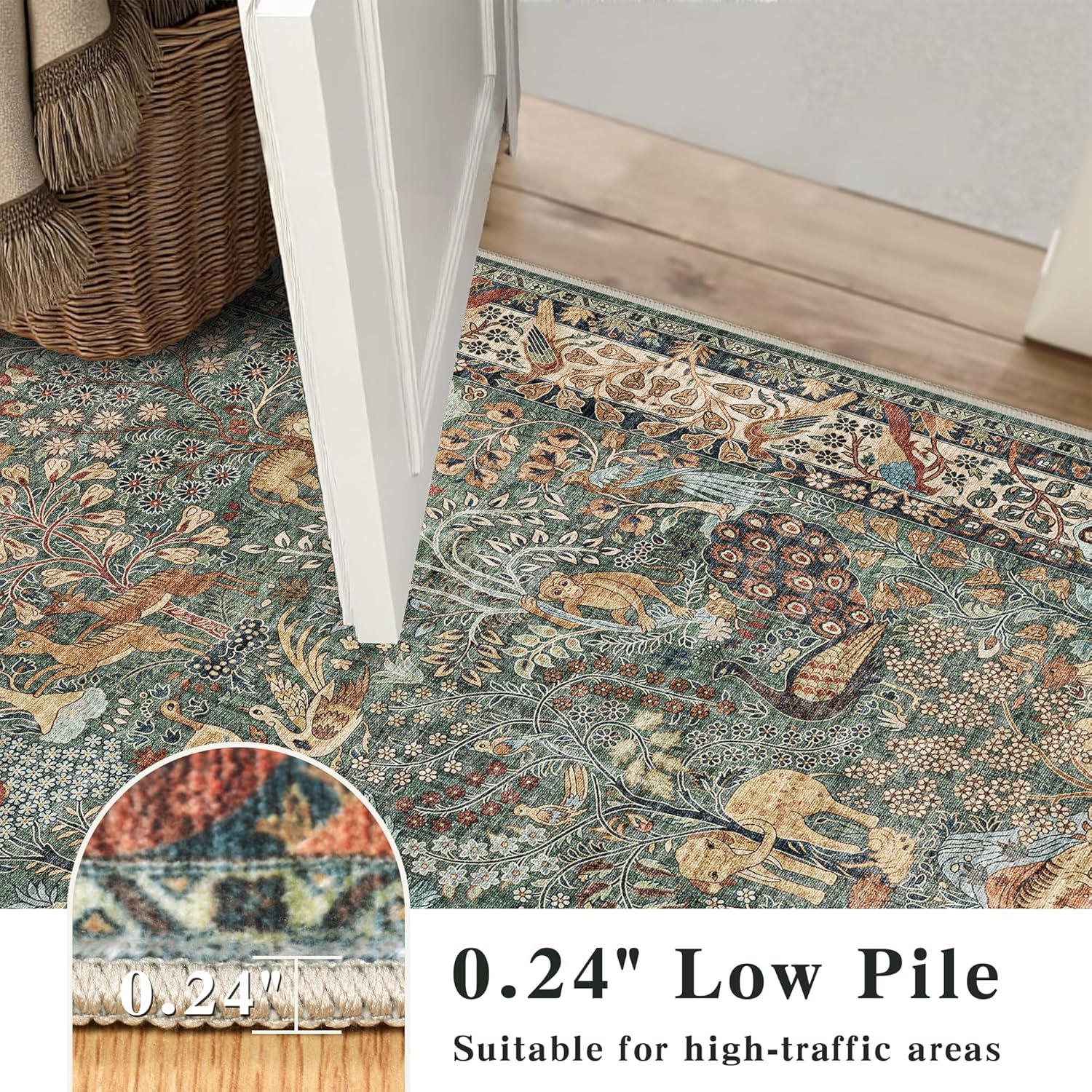 5x7 Washable Area Rug, Vintage Animals Print Boho Rug, Non Slip Low Pile Stain Resistance Floor Carpet for Living Room Bedroom Dining Room Nursery Home Decor