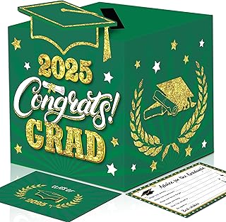 Graduation Wish Cards with Green and Gold Card Holder Box - 36PCS Class Of 2025 Graduation Advice Cards and 2025 Congrats Grad Card Box for Party Supplies Decoration