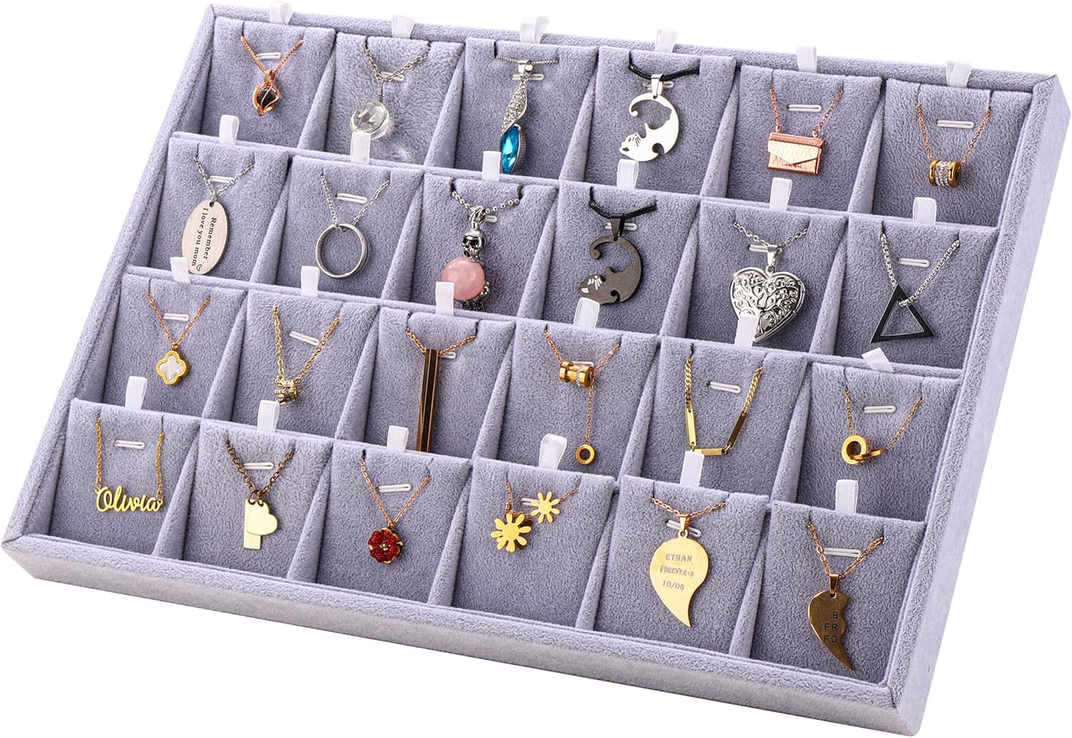 Mornajina 24 Grid Jewelry Tray Velvet Jewelry Display Tray with Removable Dividers, Jewelry Organizer Stackable Trays for Earrings Necklaces Bracelet Rings Display Showcase - Grey