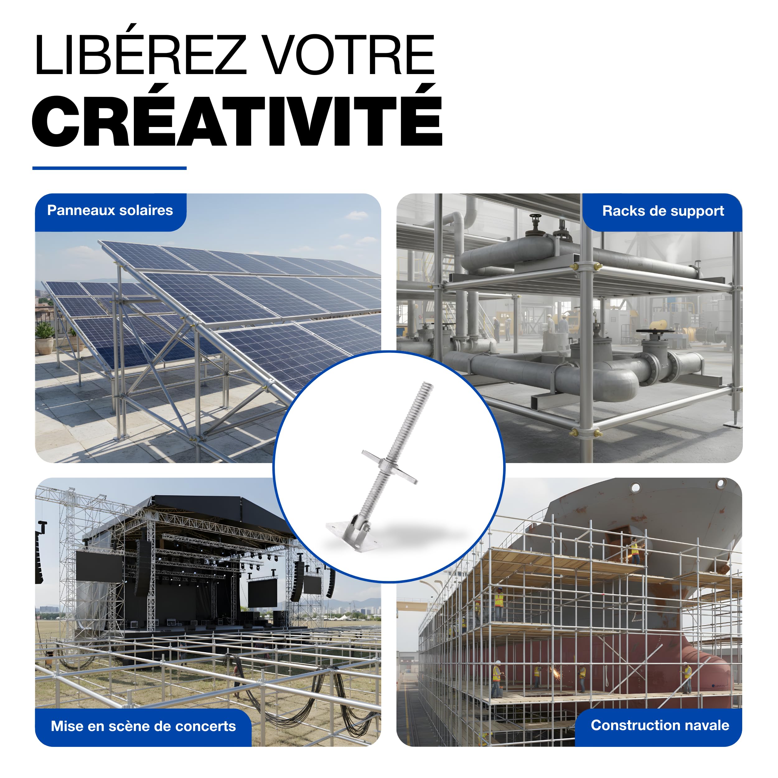 GeZu Impex Pied d'échafaudage avec Tige Filetée Ø 38 x 500 mm Lot de 4 | Galvanoplastie plaques de pieds réglables
