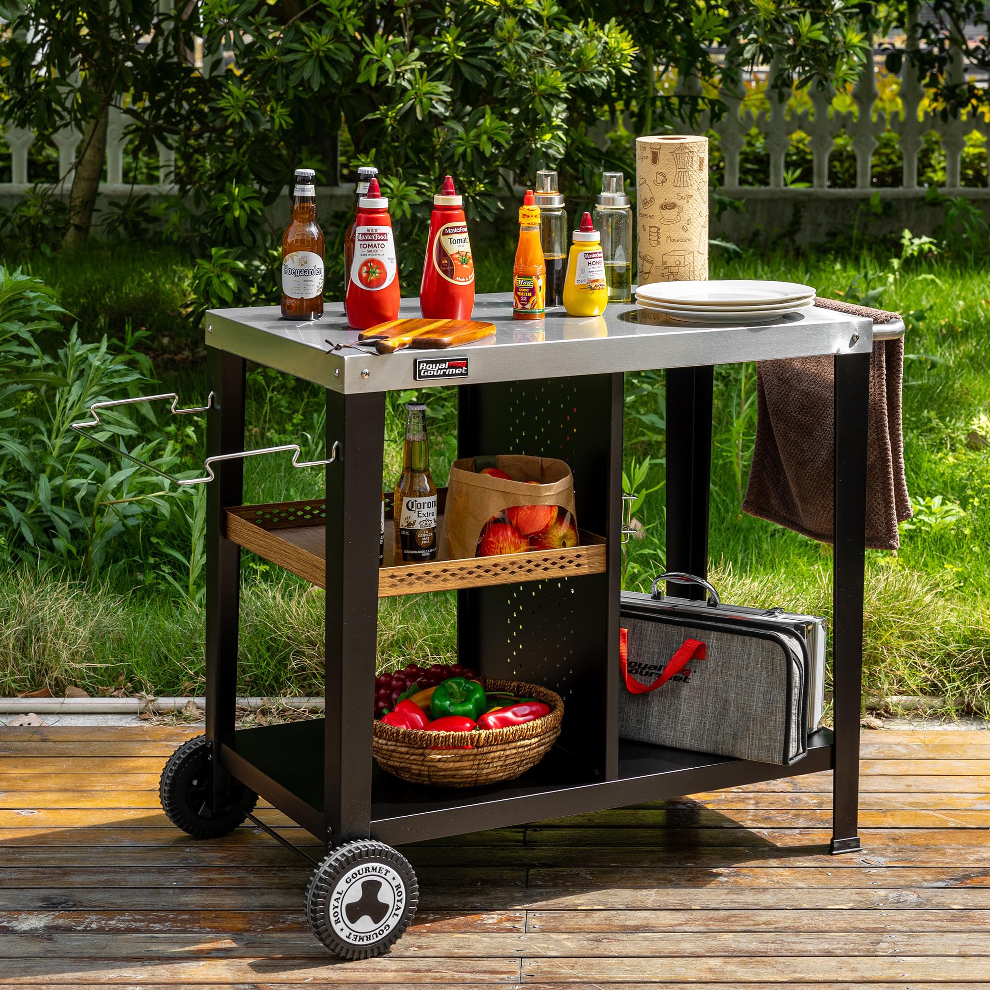 Royal Gourmet Table de Barbecue avec Plaque en Acier Inoxydable de 85 x 50 cm - Chariot de Barbecue à 3 étages pour Barbecue de Table et Fours à Pizza, Chariot avec poignées, Porte-Sac Poubelle et